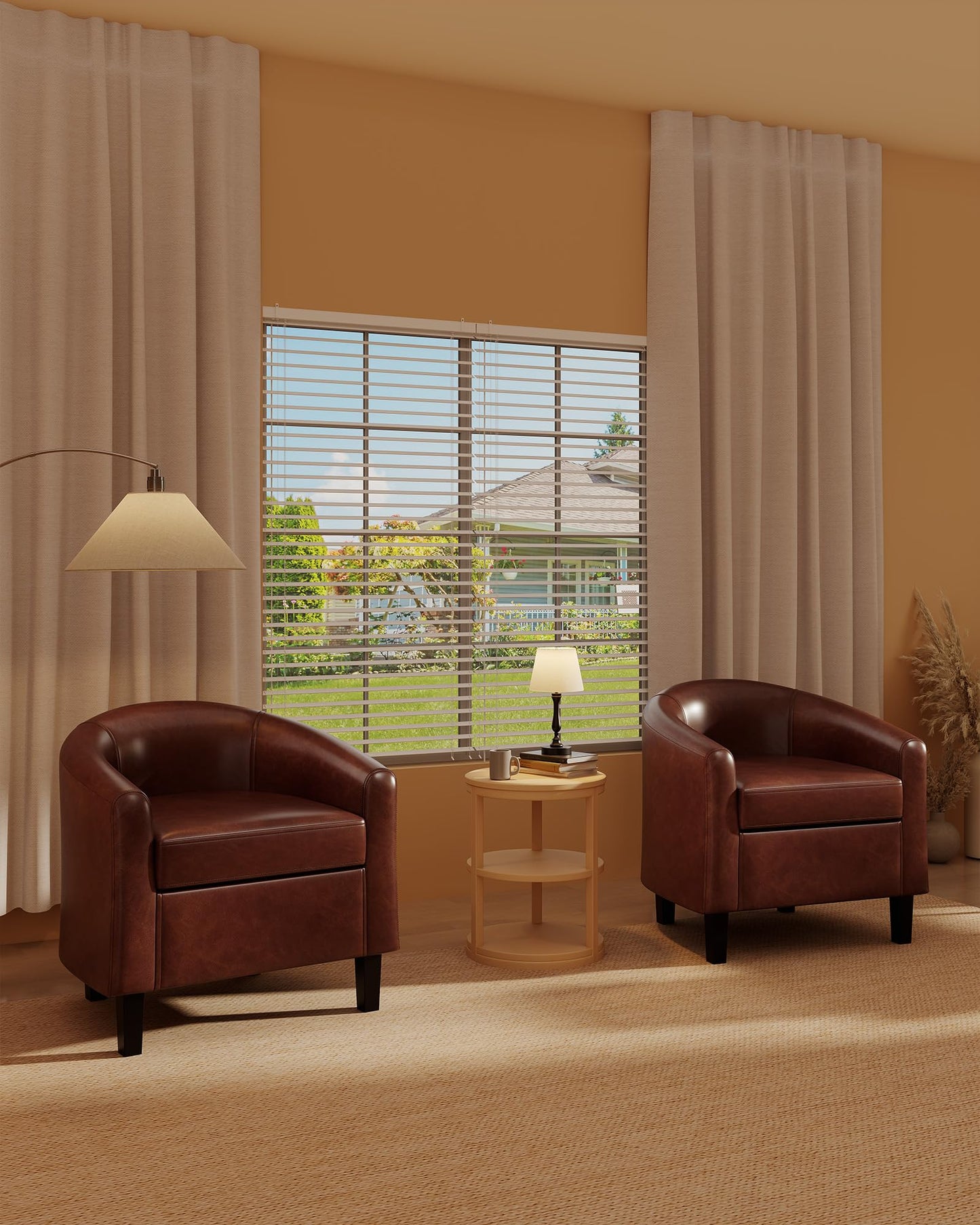 GarveeHome Accent Chairs Set of 2 Faux Leather Barrel Chair Club Armchair with Soft Seat for Living Room Bedroom Reading Waiting Room - Brown