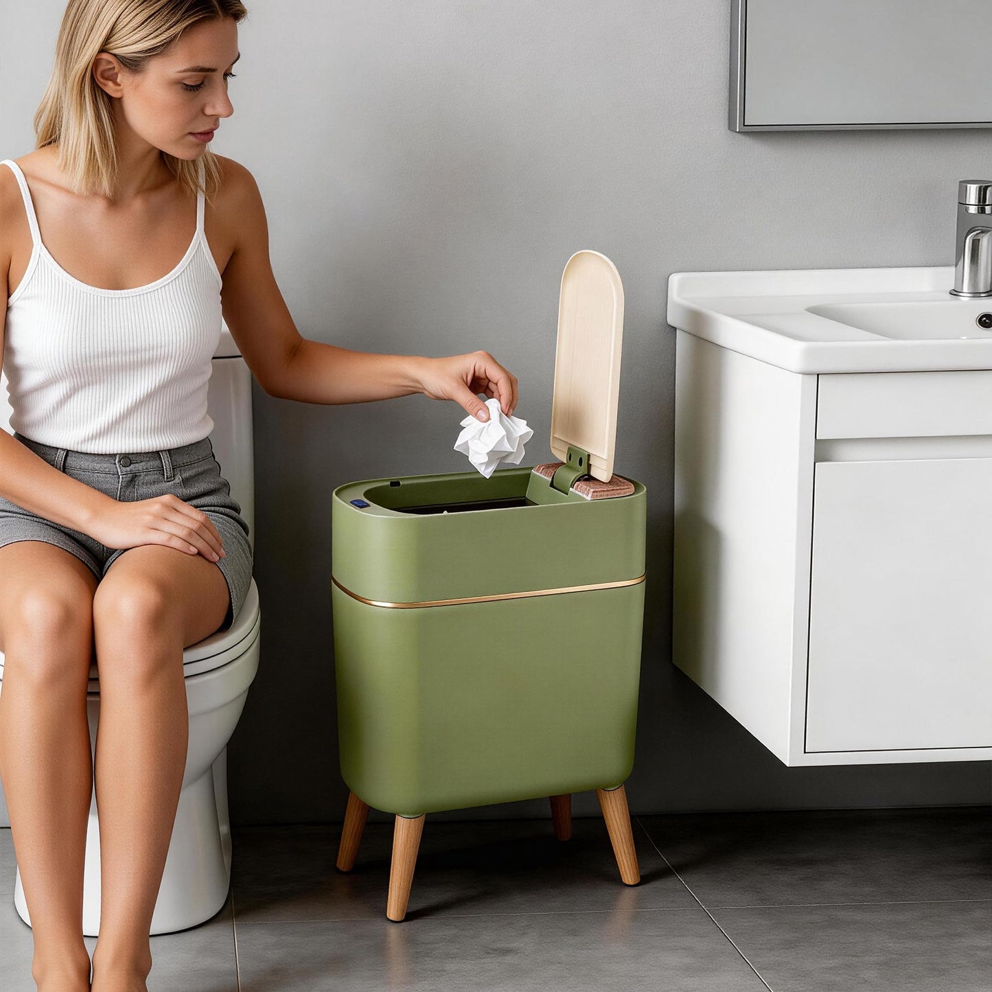 suyika Automatic Trash Can, 2.6 Gallon/10L Bathroom Trash Can with Lid - Wood Grain Lid and Legs, Touchless Waterproof Garbage Bin for Bedroom, Bathroom, Office, Living Room