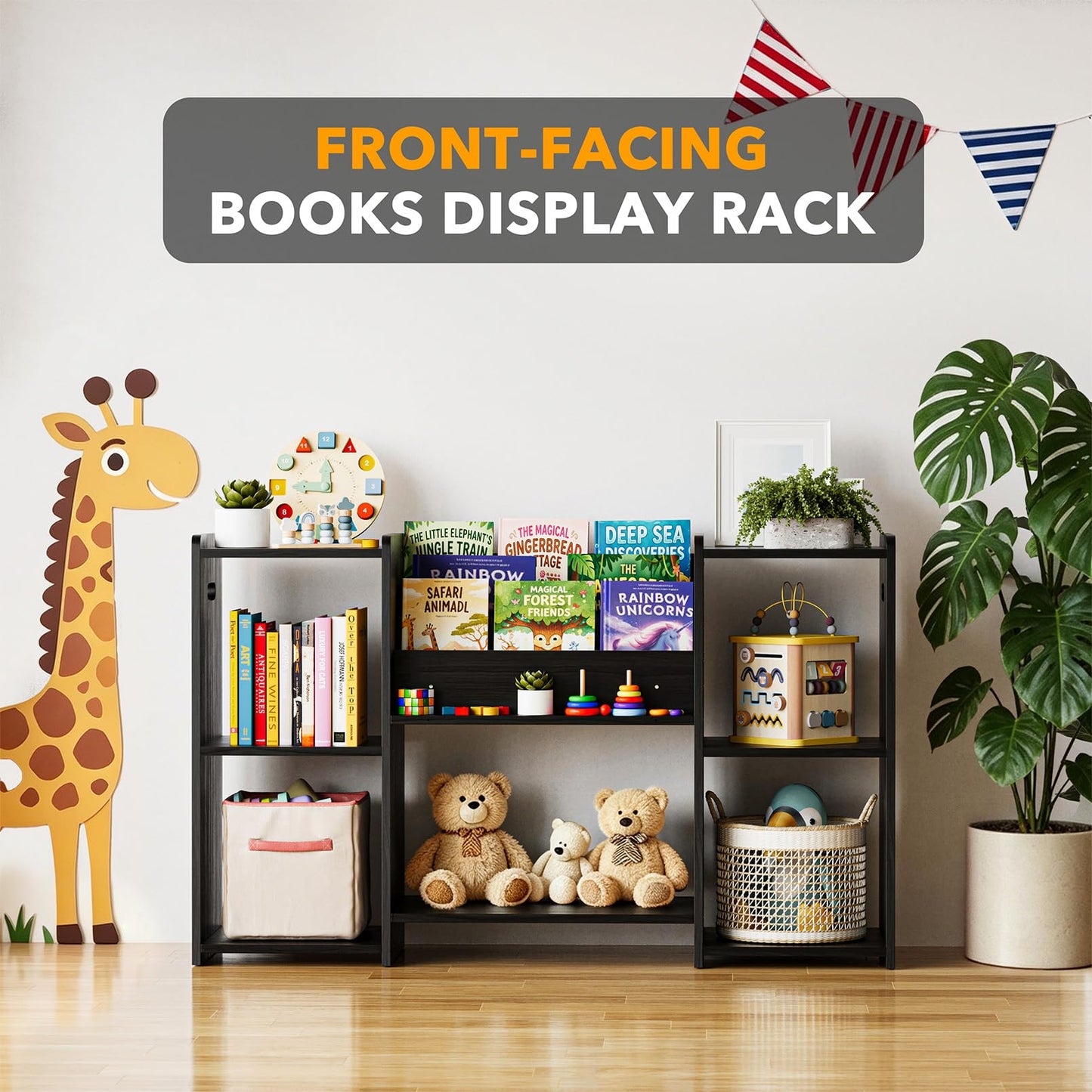 SpaceAid 6-in-1 Bookshelf Storage Organizer, Montessori Bookcase for Toddlers, Wooden Book Rack Shelf Cabinet Furniture for Kids Rooms, Playroom, Nursery and Classroom, 45.6“ Wide, Black