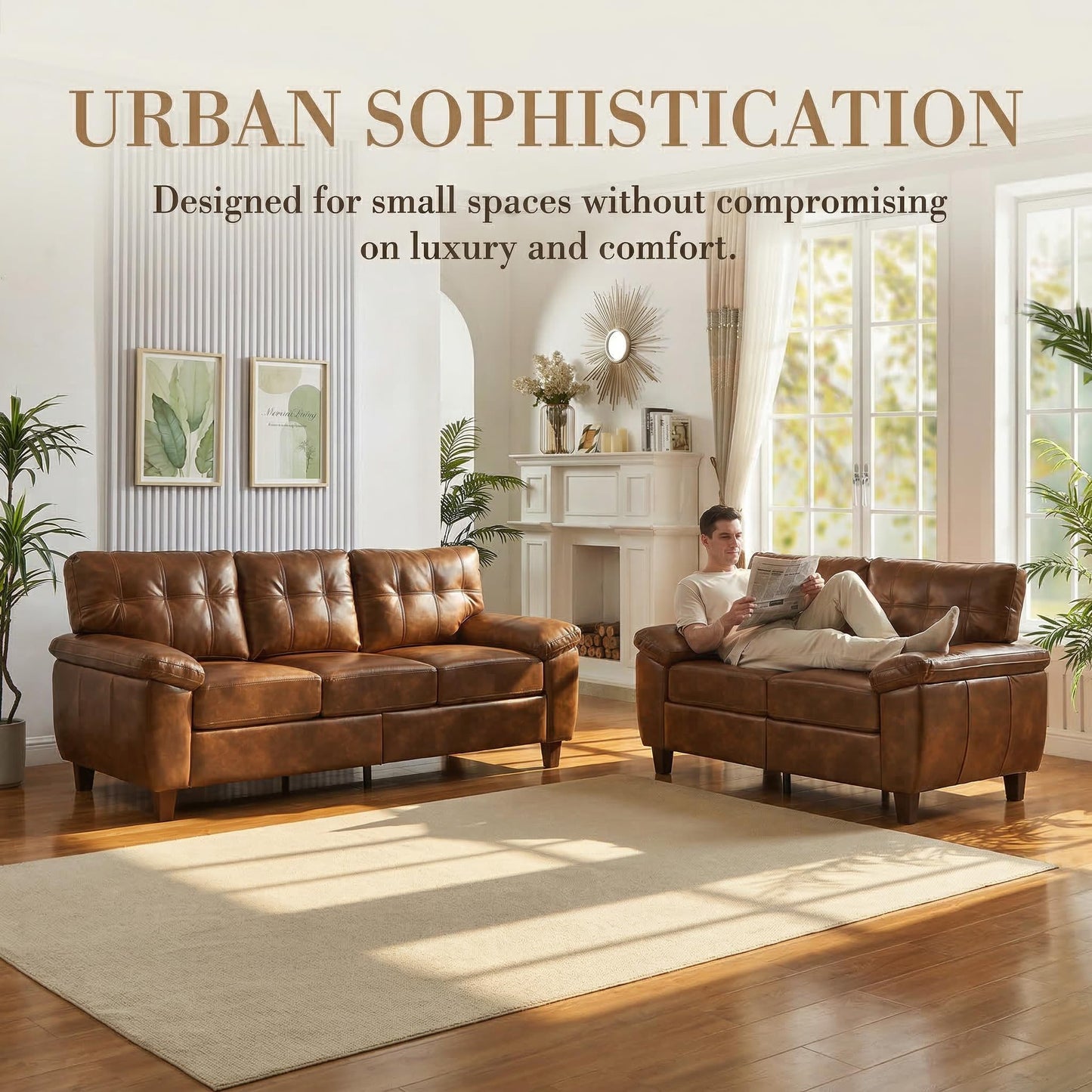 KEIKI 138" Modern PU Leather Living Room Sofa with Storage, Sofa Set with Loveseat and Three Seat Couch, Wide Armrest Tufted Cushion Comfortable Spring Seating for Living Room Apartment Lounge, Brown
