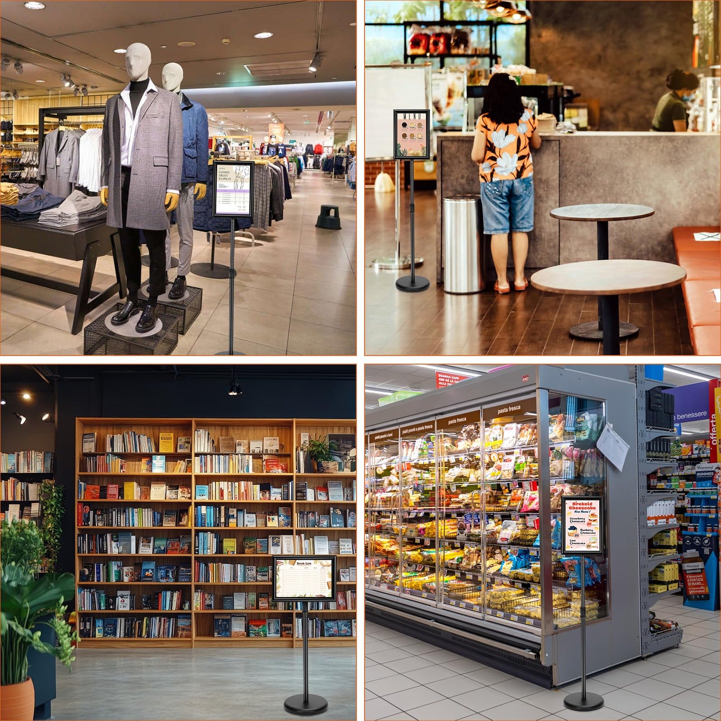 Feifeiya 6 Pack Adjustable Sign Stand Holder 8.5'' x 11" Floor Standing Sign with Base and Snap open Frame Pedestal Stand for Indoor Outdoor Display Vertical Horizontal View(Square Corner,Black)