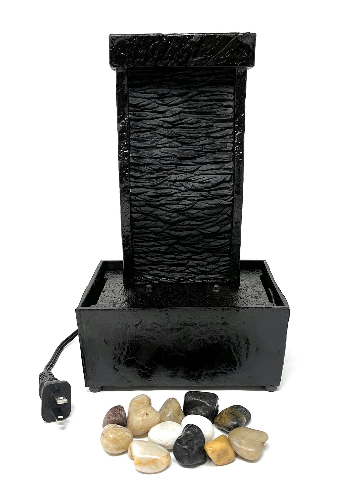 Nature's Mark 9.6" H Curved Black Slate Tabletop Water Fountain with Natural River Rocks and LED Lights (Power Cord Attached)