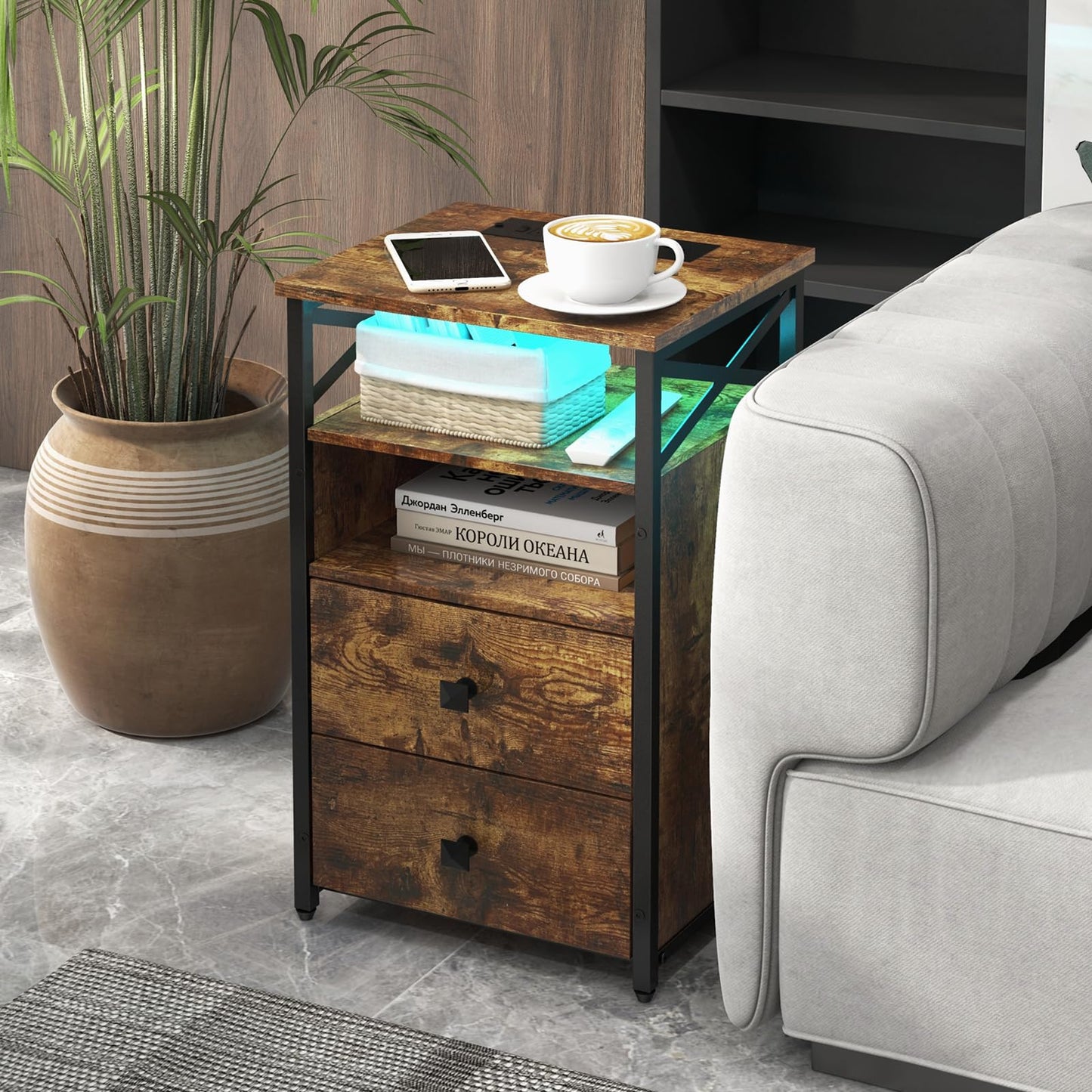 Livofloral LED Nightstand with Charging Station and Wood Drawers, Side Tables Living Room with Outlets, Farmhouse End Table with Storage, Bedside Table for Bedroom with LED Light, Brown
