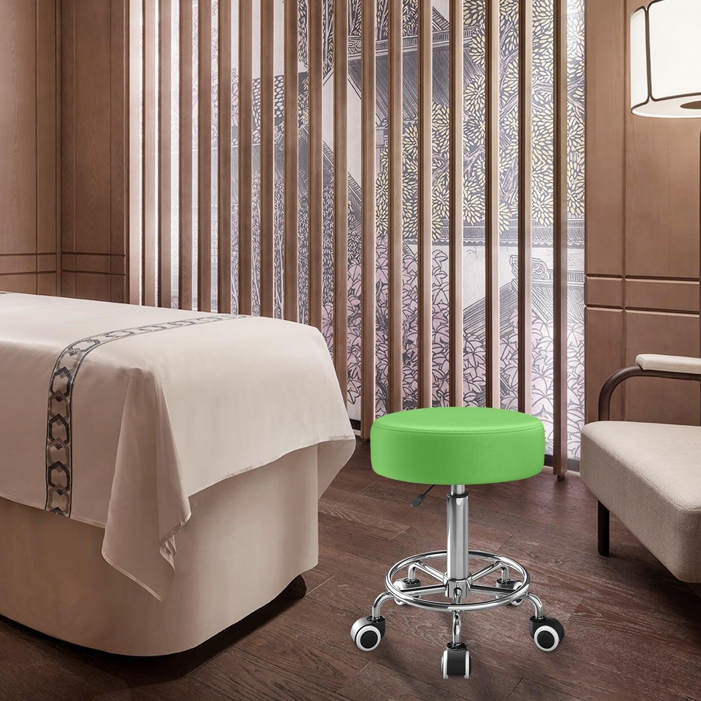 Rolling Stool, Heavy Weight Capacity 250lb, PU Leather Rolling stools, Ultra Soft Padded Seat, Rolling Stools with Wheels and Footrest, 360° Swivel, Spa Drawing Salon Work Office Tattoo Stool (Green)