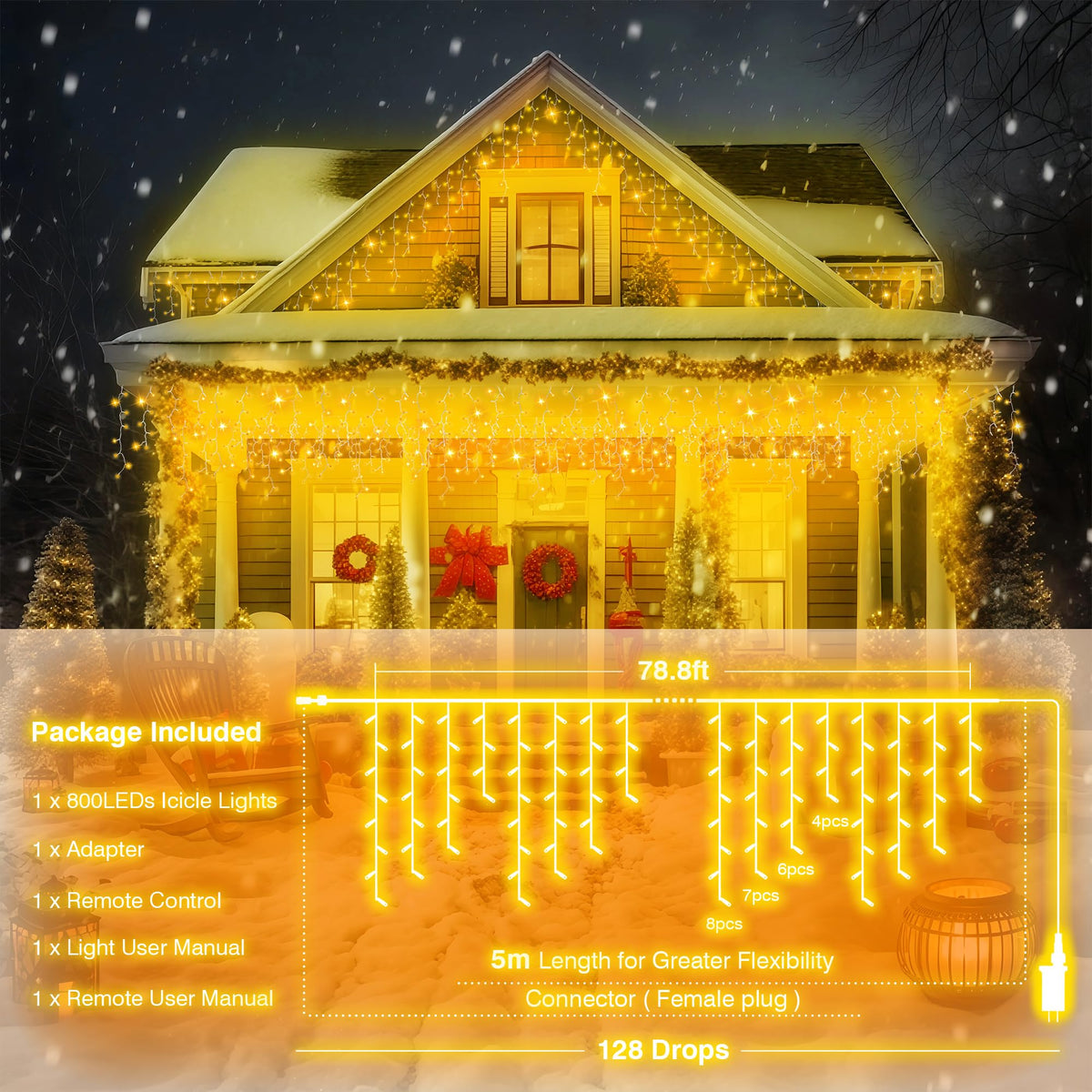 800 LED Icicle Lights Outdoor, Plug in 79ft Waterproof Christmas String Lights, 8 Modes 4 Adjust Brightness, Remote & Timer, Indoor & Outside Decoration for Party, Wedding, Garden, Window, Wall