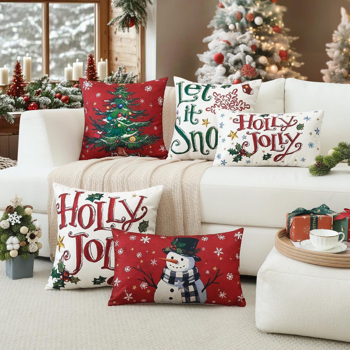 Artscope Christmas Tree Snowman Throw Pillow Covers 18x18 Inch Set of 4, Let It Snow Holly Jolly Winter Hoilday Christmas Decoration Pillow Cases for Home Sofa Couch Decor-Red