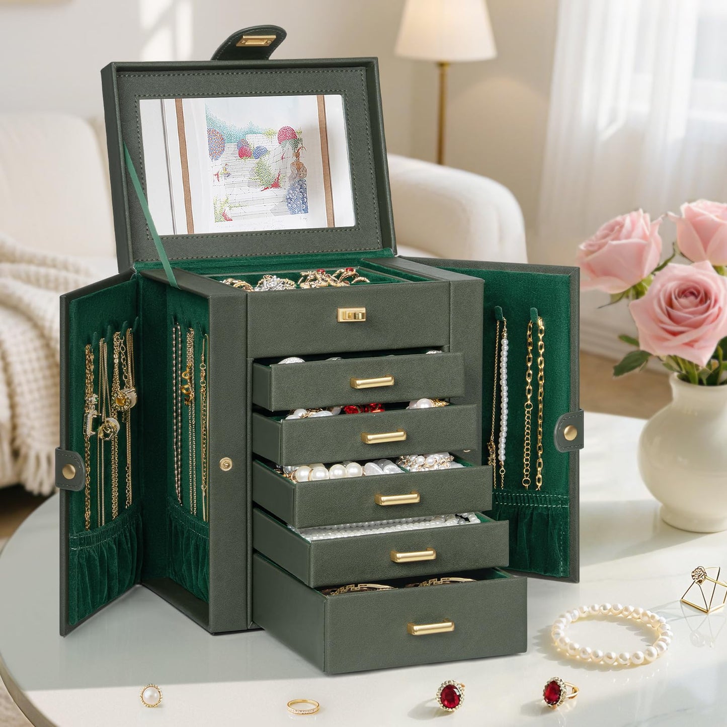 AKOZLIN 6-Tier Jewelry Box Organizer Functional 5 Drawers Leather Jewelry Storage Case for Women Girls Ring Necklace Earring Bracelet Holder Organizer with Mirror DrakGreen Regular