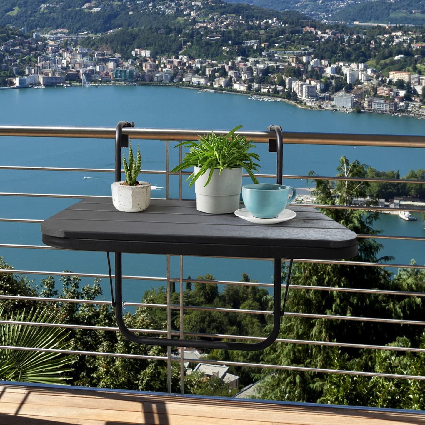 Balcony Railing Table Outdoor Hanging Folding Balcony Bar Table for Railings Patio Hanging Table on Railing Aluminium Metal Side Table Folding Adjustable 23.6"(L) x 15.7"(W) Black Set of 2