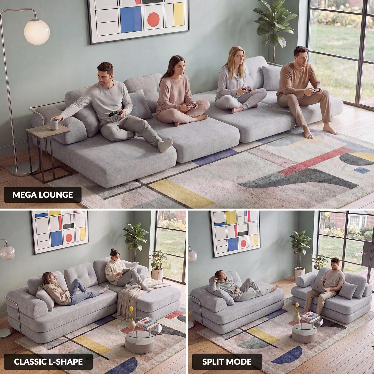 YasuSoofa Boneless Sectional Couch with Chaise, Convertible L-Shape Floor Sleeper with High Headrest, Modular Sofa Bed for Living Room Apartment, No Assembly, Beige