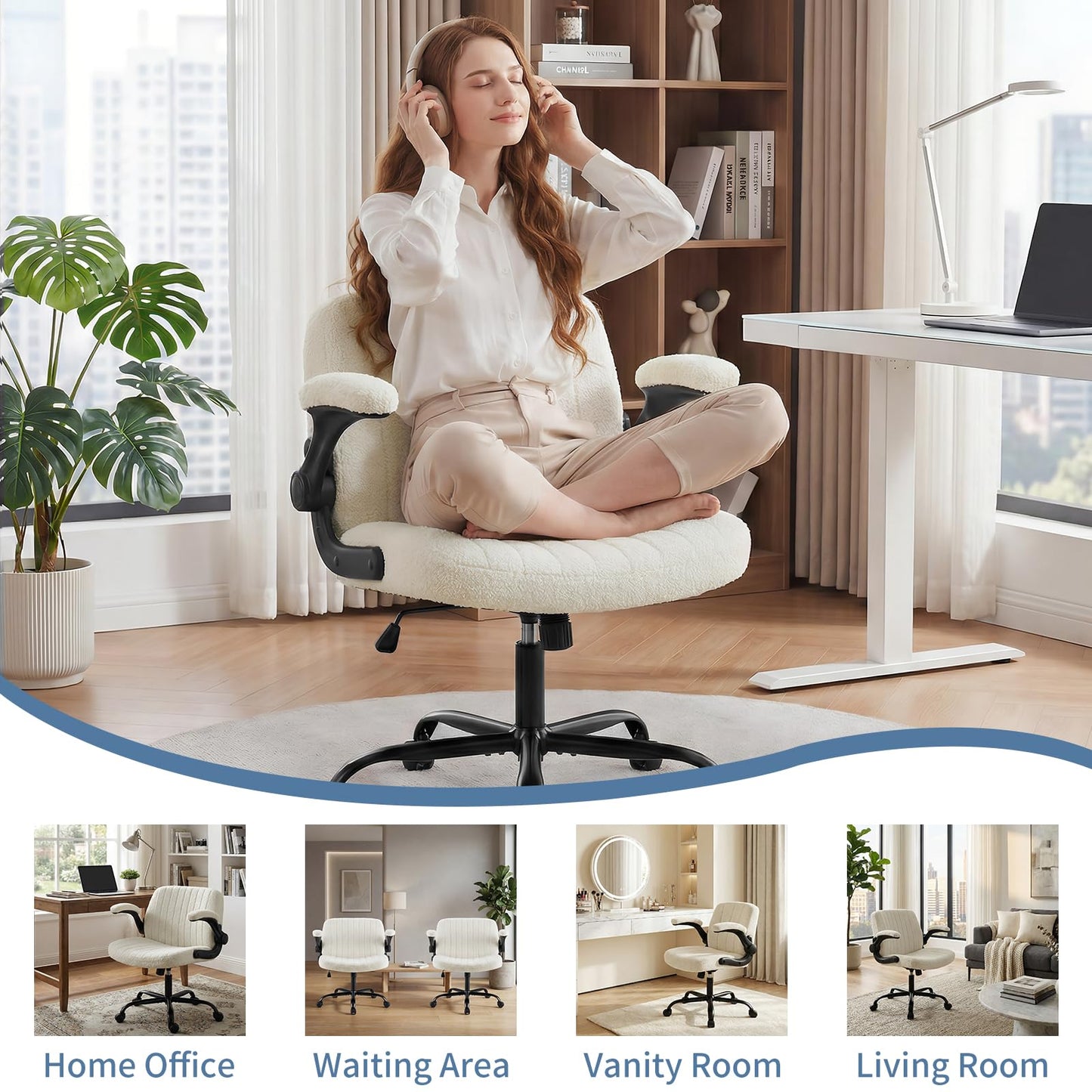 DUMOS Criss Cross Home Office Chair with Wheels, Wide Cross Legged Desk Vanity Chair Comfy Fabric Flip-Up Armrests Adjustable Swivel Chairs for Home Computer Bedroom, Creamy White
