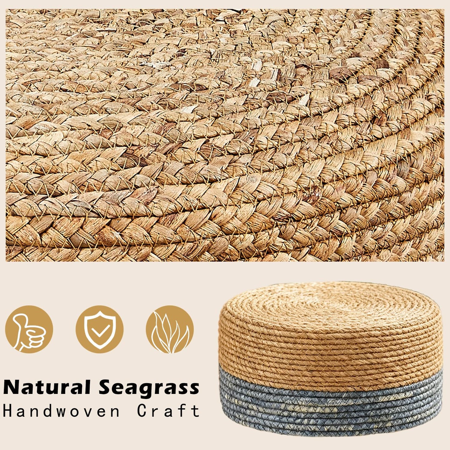 Wimarsbon Round Foot Stool Natural Seagrass Poufs Ottoman Hand Weave Footrest Stool for Couch Desk Extra Seat Step Stool with Solid Wood Legs for Hallway Patio Lounge Blue