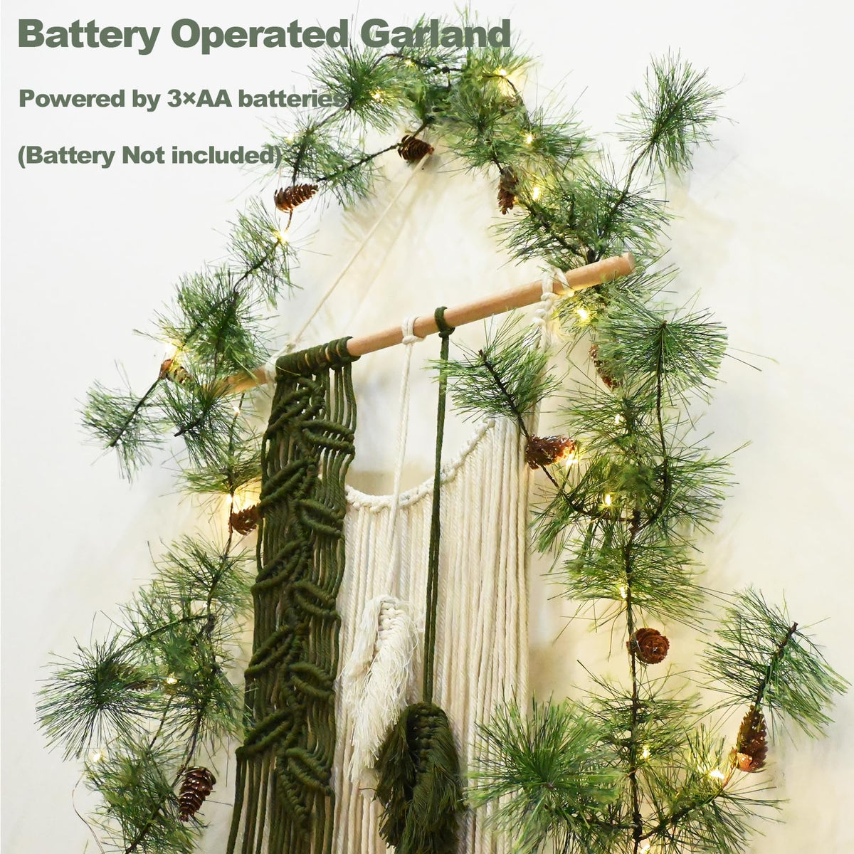 PALONMY Remote Christmas Smokey Pine Garland with Lights 6.56FT Garlands with Timer 30 LED Fairy Lights Battery Operated Garland Lights with Pinecones Christmas Pre-lit Light for Home