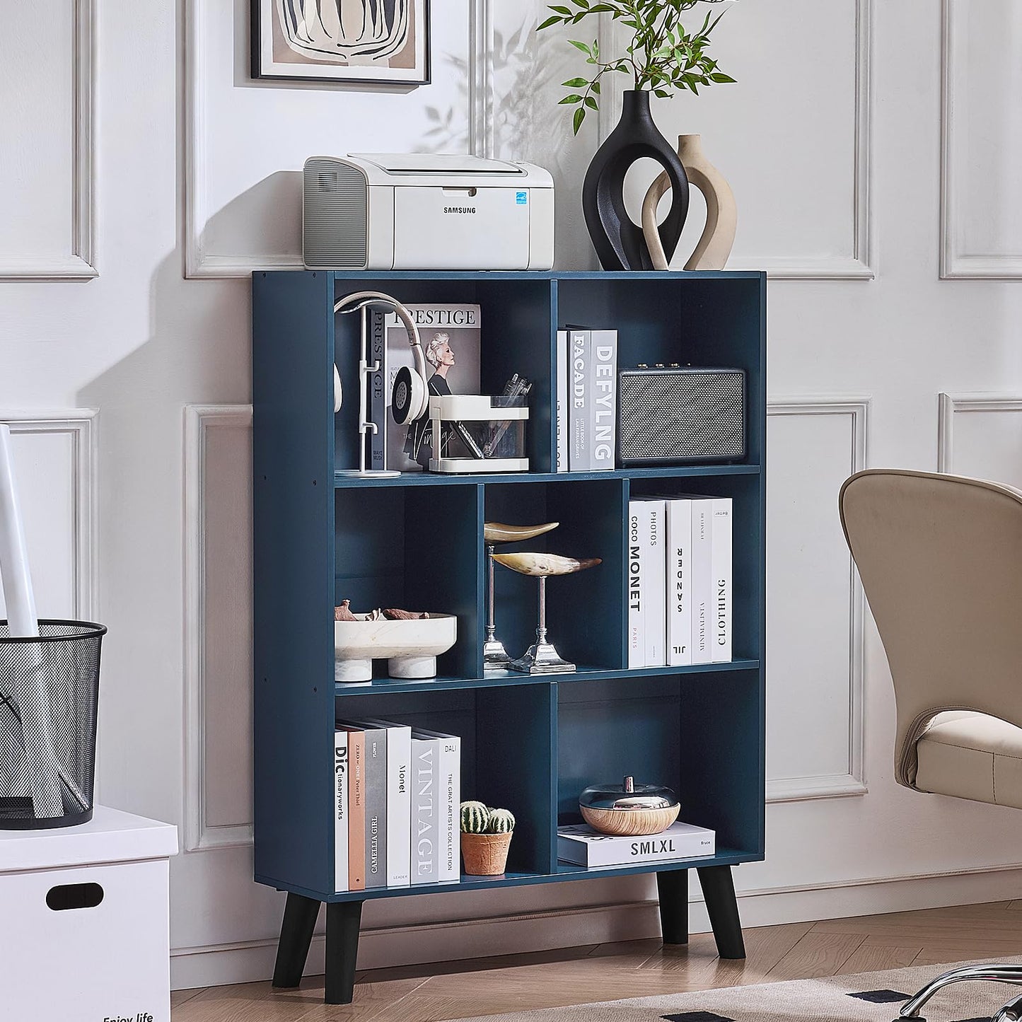 LEYAOYAO Cube Bookshelf 3 Tier Mid-Century Rustic Dark Blue Modern Bookcase with Legs,Retro Wood Bookshelves Storage Organizer Shelf,Freestanding Open Book Shelves for Bedroom,Living Room,Office