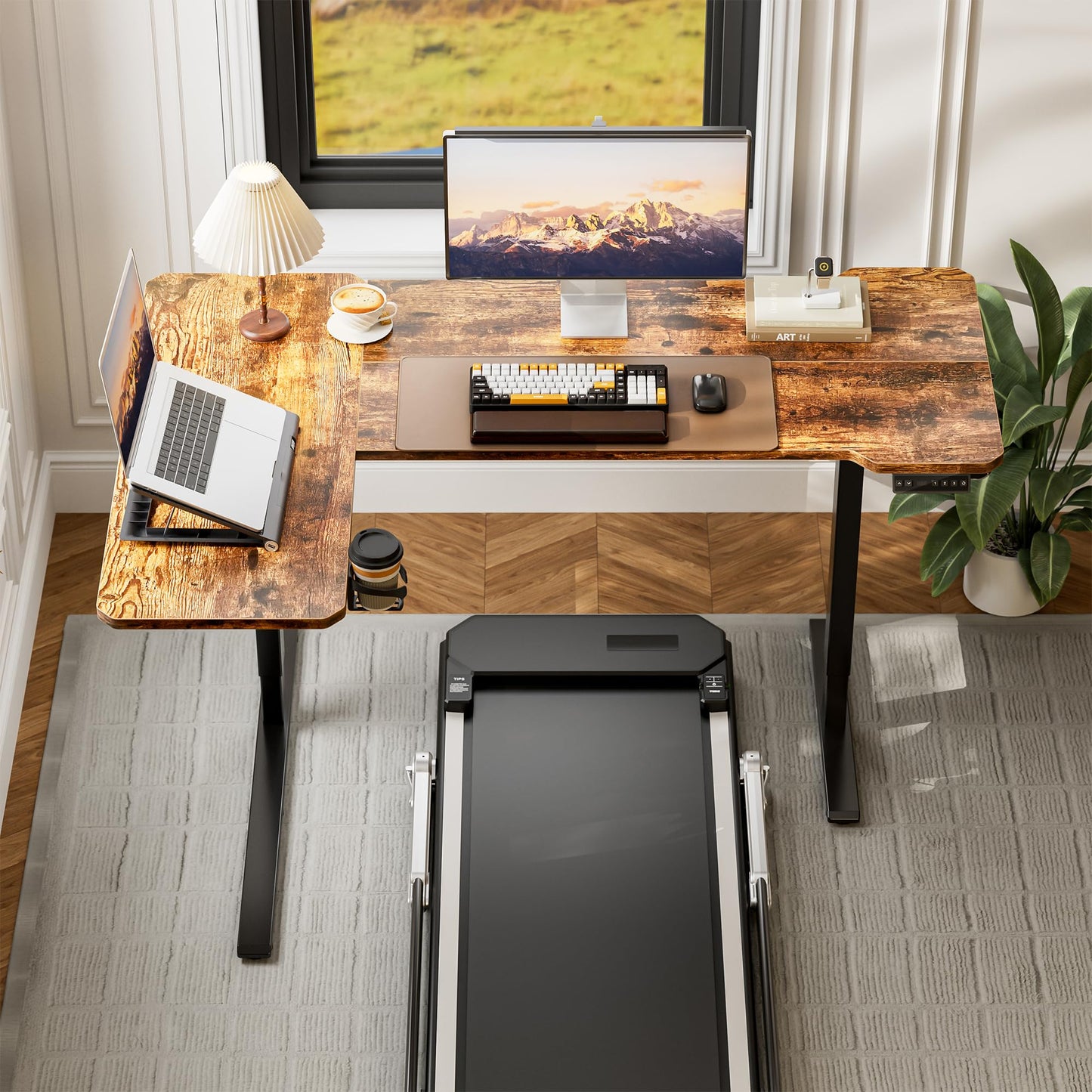 Acrolix L Shaped Electric Standing Desk - 51x31.5 Inch Reversible Corner Sit Stand Desk with Hook&Cup Holder,Electric Height Adjustable Table,for Small Home Office&Bedroom Computer Desk, Rustic Brown