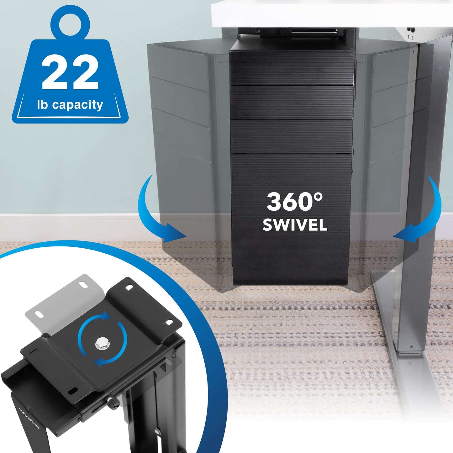 Mount-It! CPU Under Desk Mount Bracket - Computer Tower Wall and Under Counter Holder, 360 Degree Swivel Adjustable Height and Width Wall-Mountable
