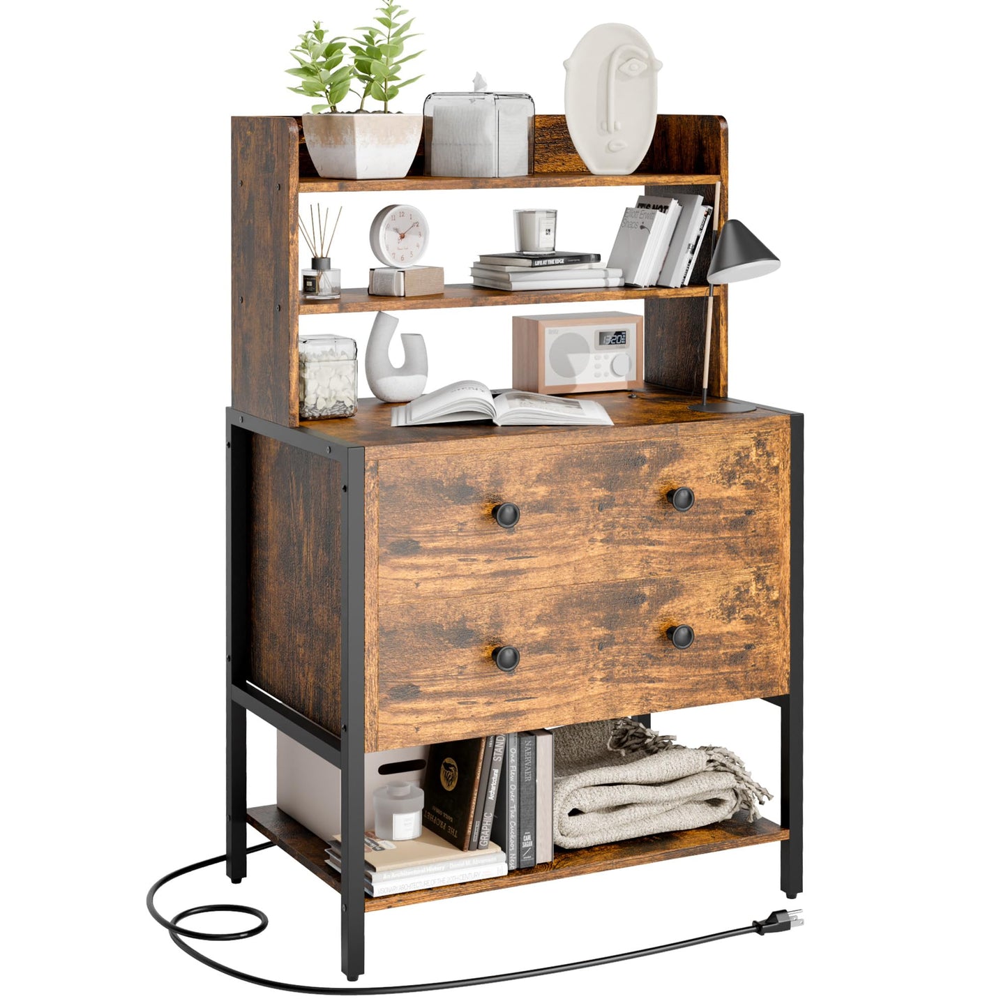 PATAVOT 24 Inch Wide Night Stand, Large Wooden Night Stand with 2 Adjustable Drawes, Tall Nightstand with 4-Tier Shelves and Charging Station, Bedside Table for Living Room/Bedroom/Office, Retro.