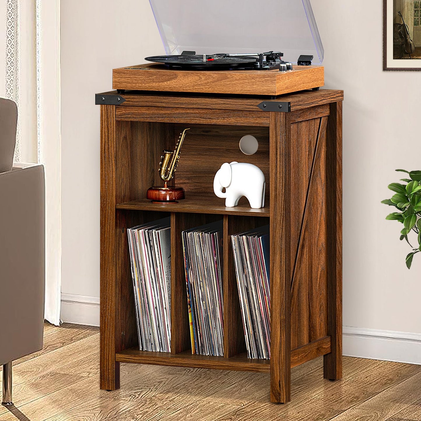 Joaxswe Record Player Stand with Vinyl Record Storage,Rustic Brown Record Player Table Holds up to 160 Albums,Large Wood Turntable Stand Cabinet Dispaly Shelf for Living Room,Bedroom,Office