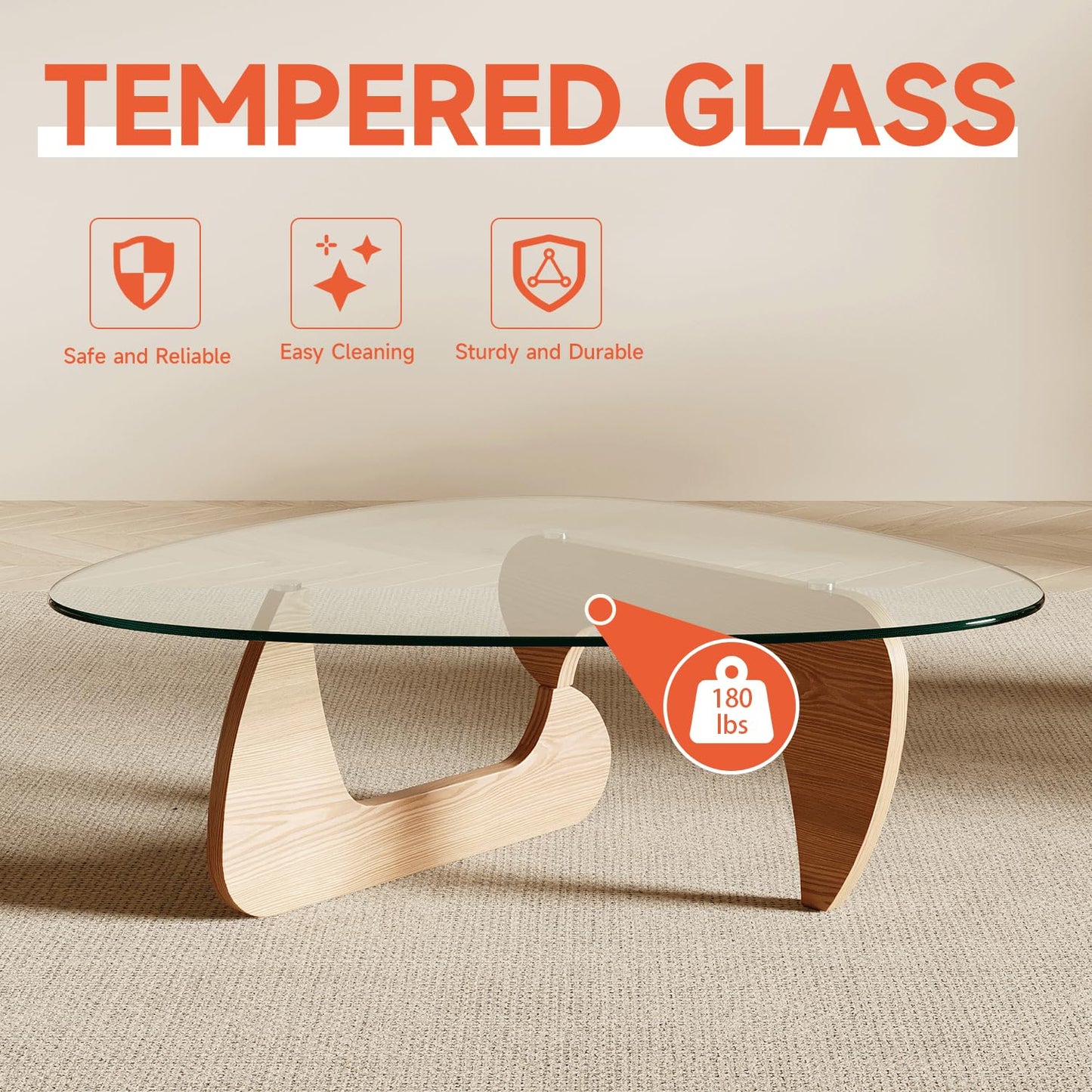 Miloyer Modern Coffee Table for Living Room and Small Spaces, 35.6" x 25.4" x 15.8" Triangle Tempered Glass Table Top and Solid Wood Base, Natural Wood