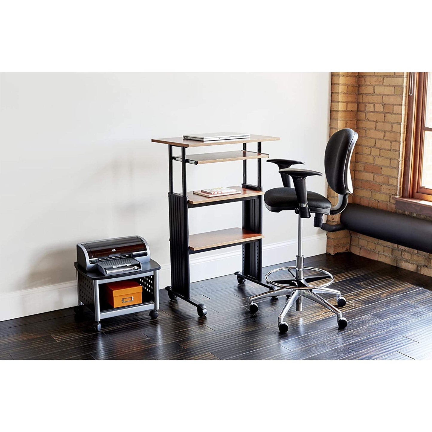 Safco MUV Adjustable-Height Desk – Stand Up & Move While Working in Comfort & Style – Mobile on Four Dual-Wheel Casters, Two Locking – Medium Oak Finish