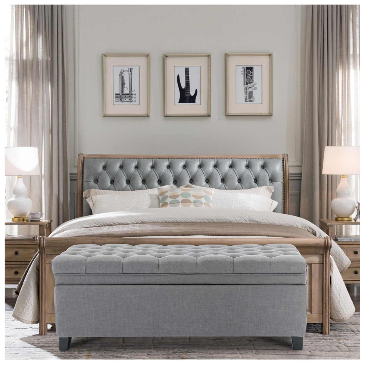 UDAX 51" Storage Ottoman for Bedroom & Living Room, End of Bed Bench with Black Wooden Legs, Linen Upholstered Tufted Ottoman, Entryway Storage Bench, Light Grey