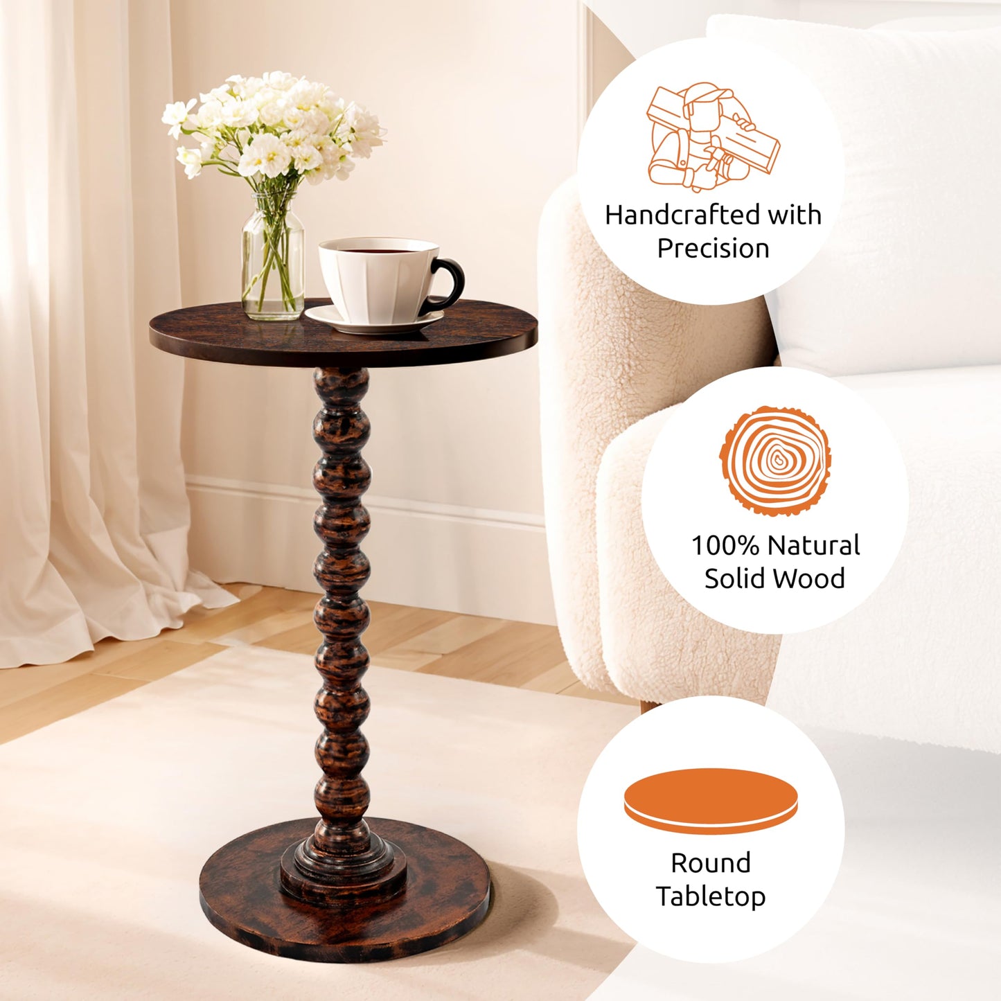LIVINGNISH Solid Wood Round Side Table for Living Room, Bedroom and Office — Handcrafted 22-Inch End Table, Bedside Nightstand, Accent Table for Small Spaces with Tool-Free Assembly- Rustic Brown