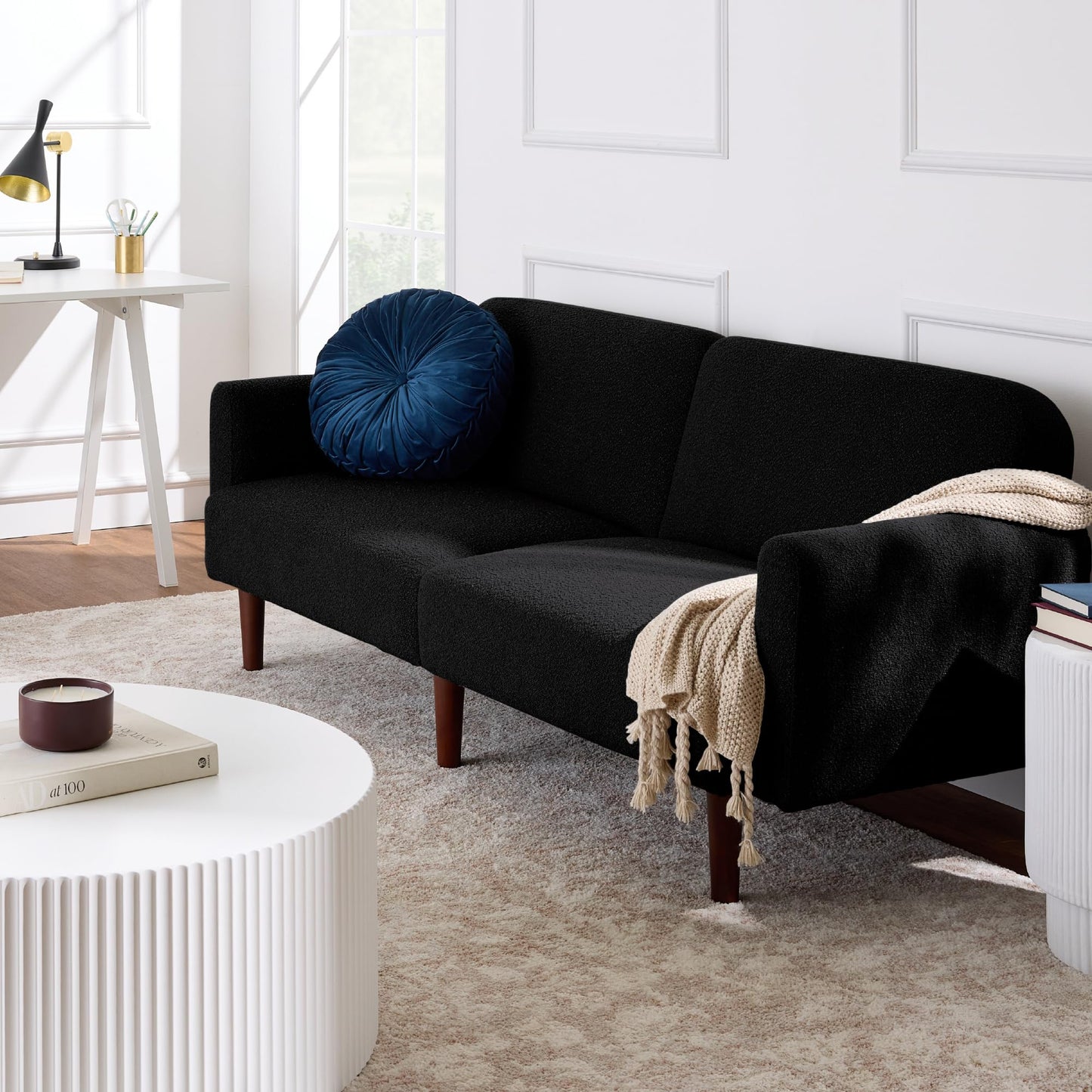 Best Choice Products 77" Mid Century Modern Boucle Loveseat Sofa, Couch, Convertible Sofa Sleeper Bed w/Real Wood, Removable Armrest - Midnight Black