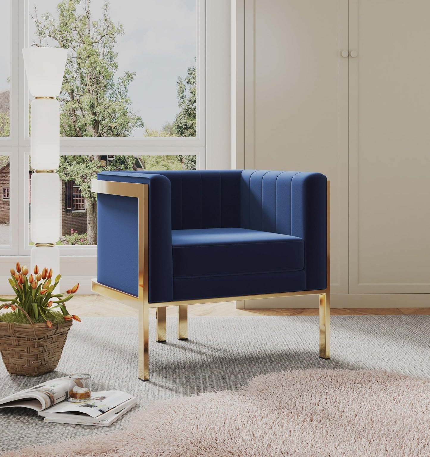 Manhattan Comfort Paramount Velvet Accent Armchair Set of 2, Polished Brass Frame with Geometric Legs, Art Deco Chair, 1920s Glamour, Fully Assembled, Living Room Lounge Seat, Royal Blue