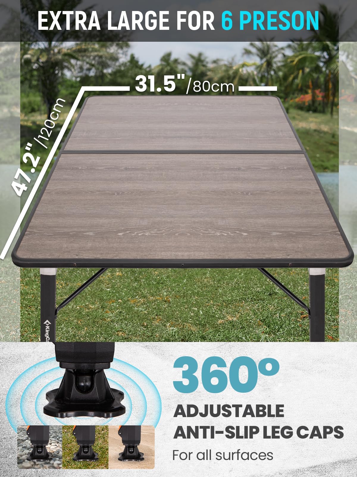 KingCamp Adjustable Height Folding Camp Table, Large Fiber Glass Portable Picnic Table for Outdoor & Indoor Use, Sturdy Aluminum Leg Patio Table for 4-6 People with Storage Bag