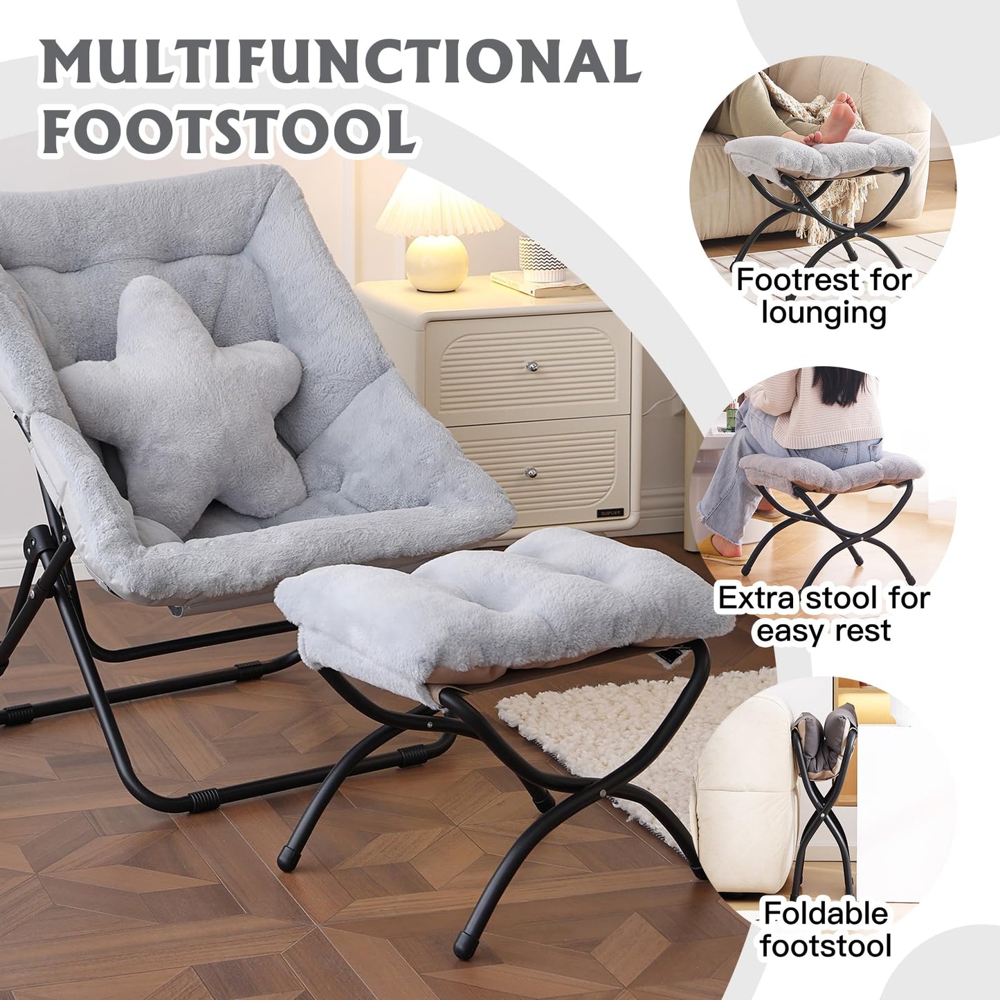 Welnow Folding Foot Stool, Upholstered Small Accent Ottoman with Detachable Thick Cotton Cushion Padded Sofa Stool and Metal Frame for Lazy Chair, Living Room, Bedroom, Plush Grey