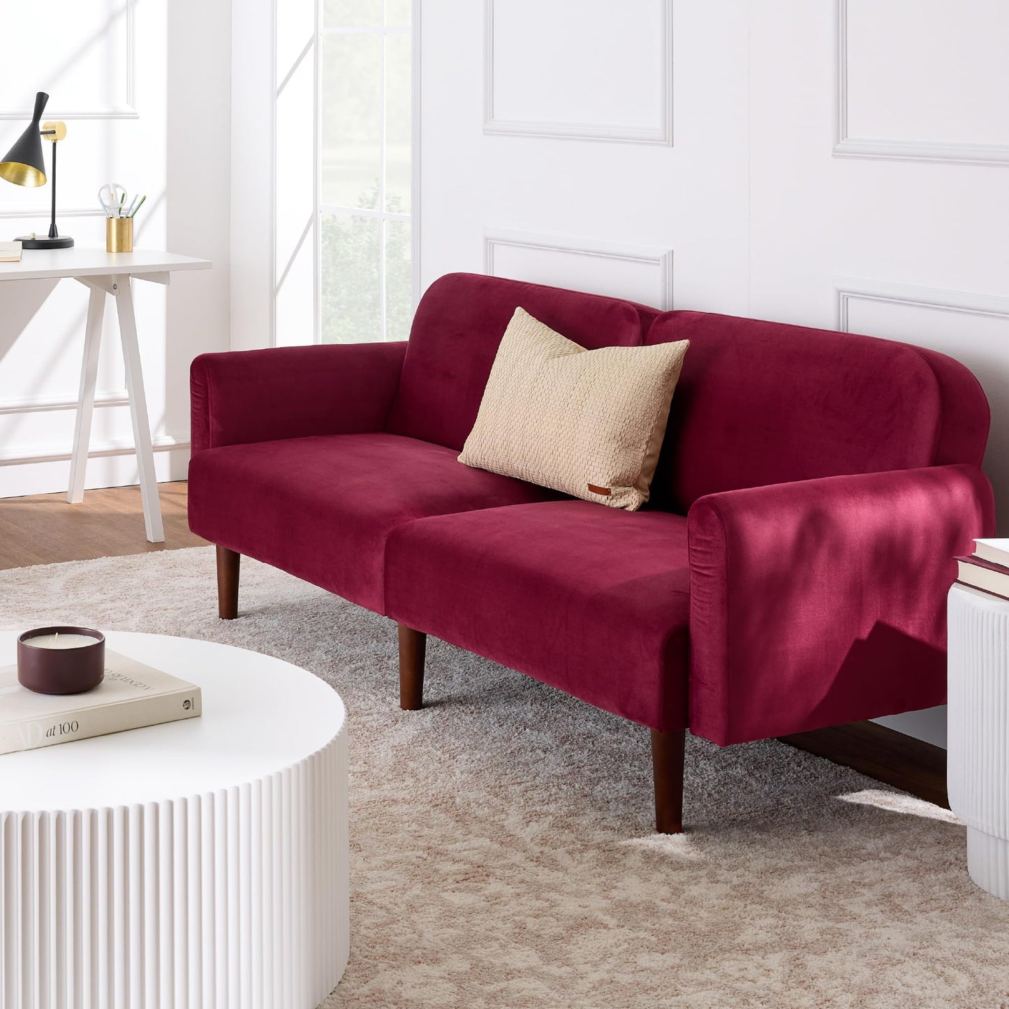 Best Choice Products 77" Mid Century Modern Velvet Loveseat Sofa, Couch, Convertible Sofa Sleeper Bed w/Real Wood, Removable Armrest - Raspberry