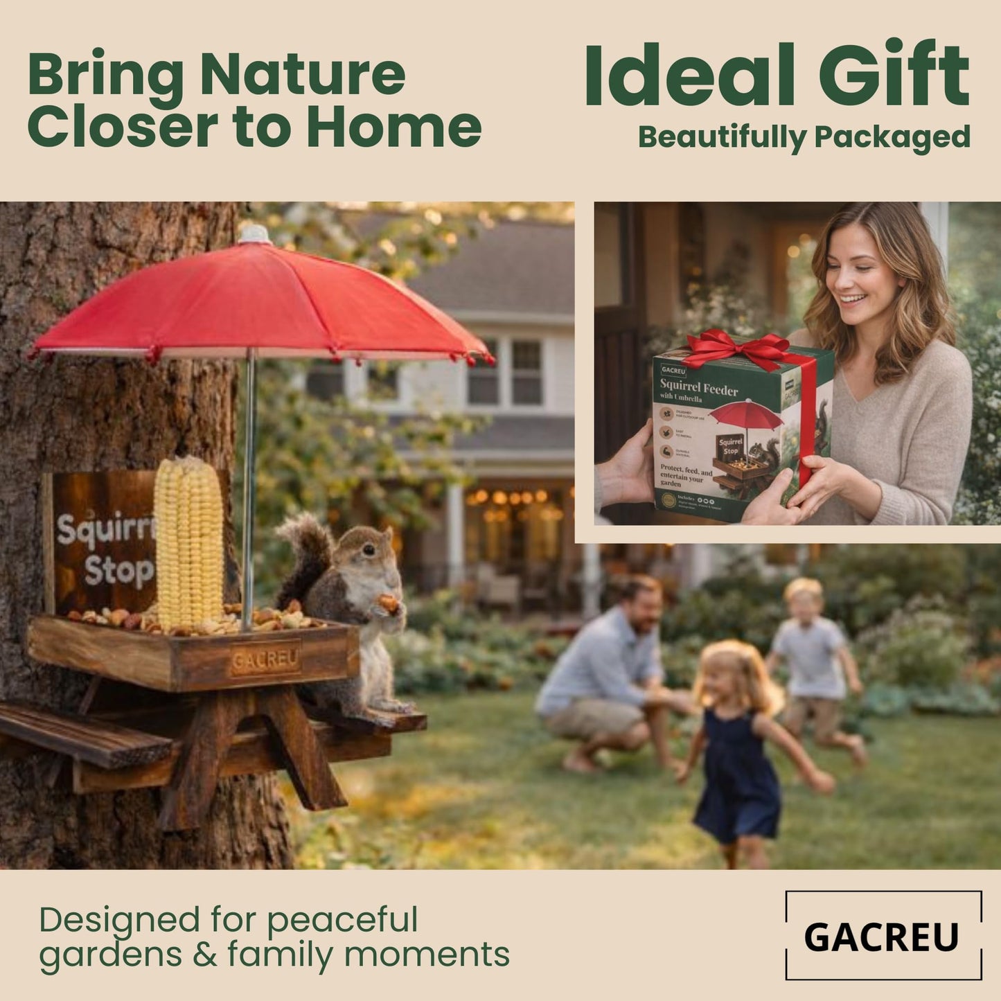 GACREU Squirrel Feeder Picnic Table – Wooden Bench Feeding Station with Umbrella, Drainage & Airflow – Easy Assembly Wildlife Feeder for Corn & Nuts – Unique Garden Gift