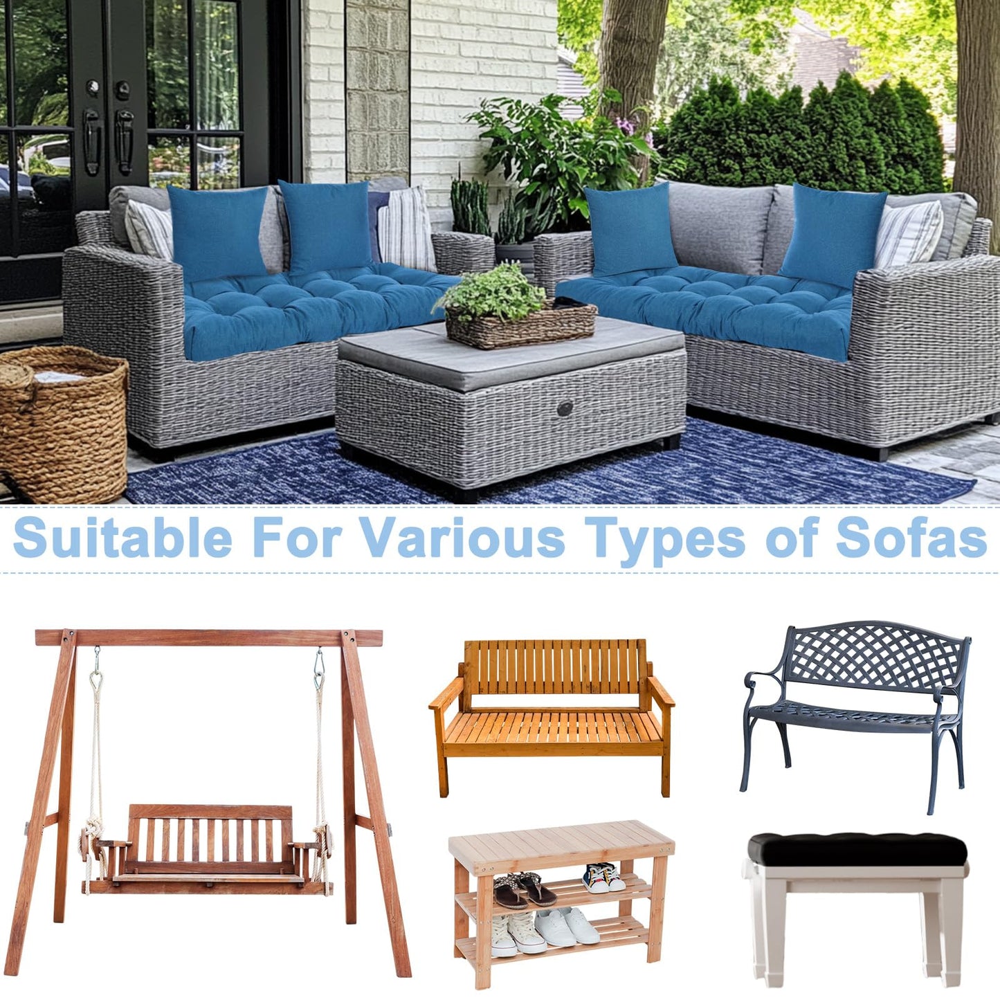 Wenqik 3 Pcs Outdoor Bench Cushion Set 44x19 in Waterproof Tufted Patio Cushion Loveseat Seat Pad with 2 Throw Pillows Memory Foam Settee Pad for Indoor Sofa Wicker Couch Window Seat(44x19 in,Blue)