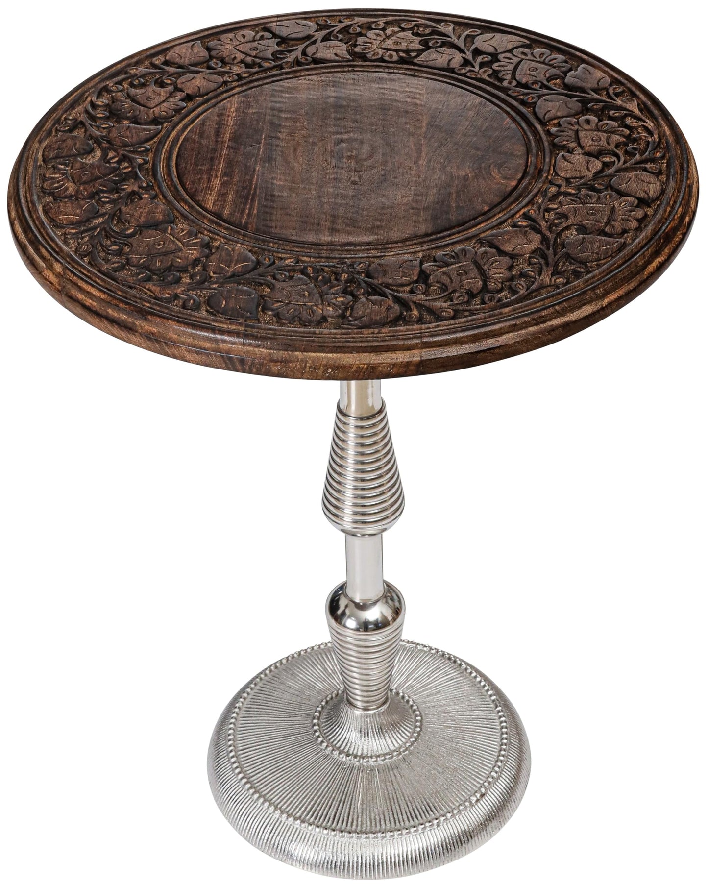 The Wooden Town Side Tables-Hand Carved Vintage Boho Folding End Tables for Living Room, Entryway,Living Room, Bedroom -No Tools Assembly, 18"x22" Burnt Brown with Silver Aluminium Alloy_Spiral