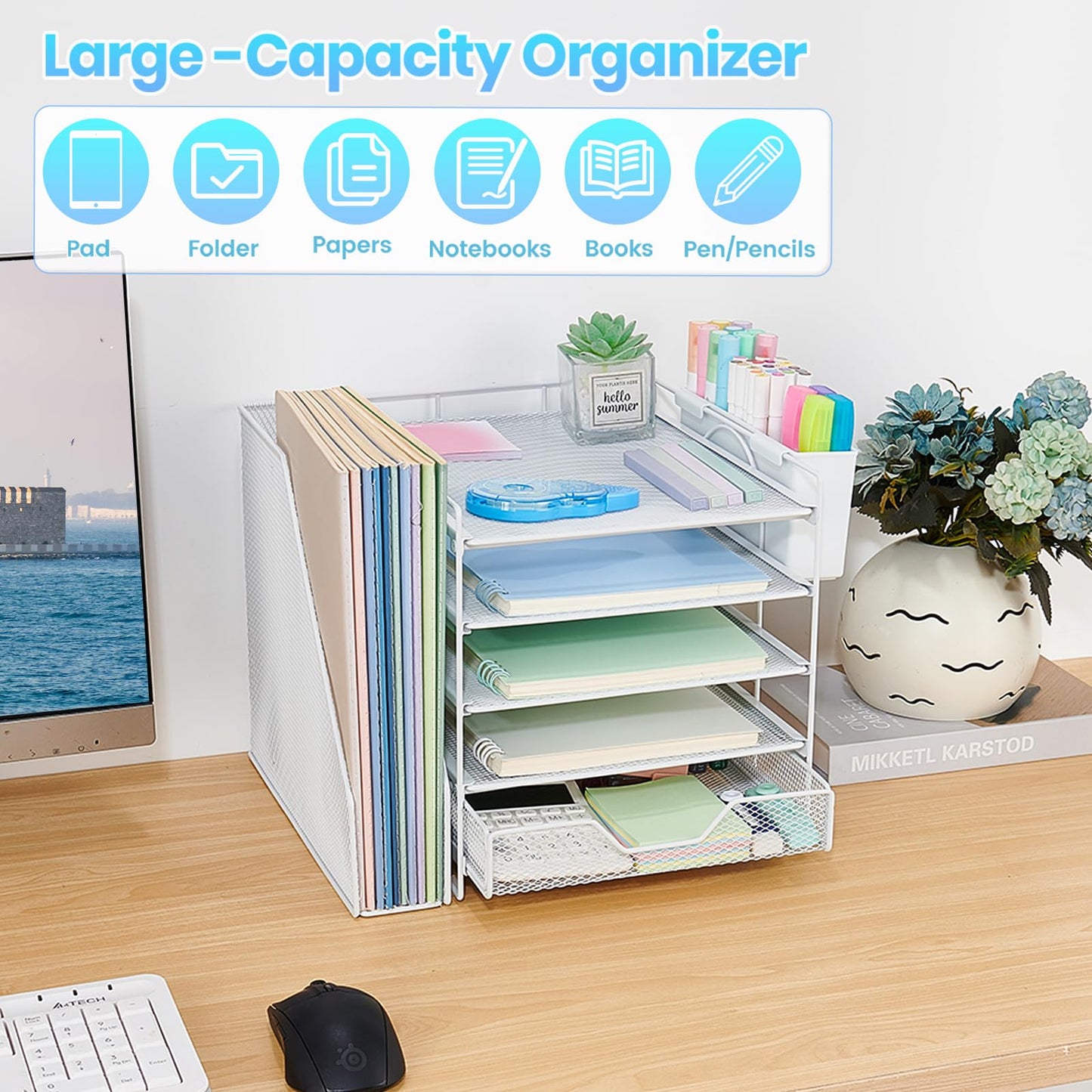 Gugsey Desk Organizers and Accessories, 5-Tier Paper Letter Tray Organizer with File Holder, Drawer & Pen Holder, Office Desk Accessories, Desktop Organizer for Classroom Office Supplies, White