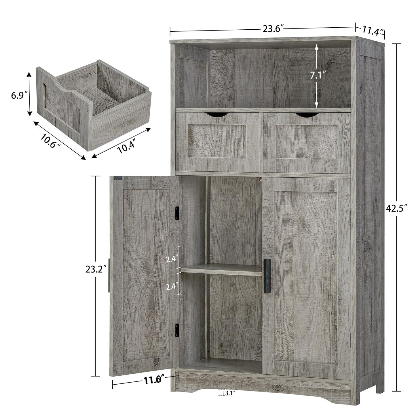 Iwell Storage Cabinet with 2 Drawers & 2 Adjustable Shelves, Kitchen Cabinet, Cupboard, for Living Room, Kitchen, Entryway, Home Office, Grey