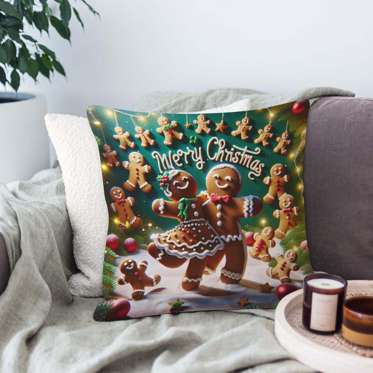 Throw Pillow Cover 20x20 Inch,Gingerbread Man Woman Dancing With Words Merry Christmas Spelled With Gingerbread Men Throw Pillow Case,Home Decor Cushion Covers for Sofa Living Room Couch Bed