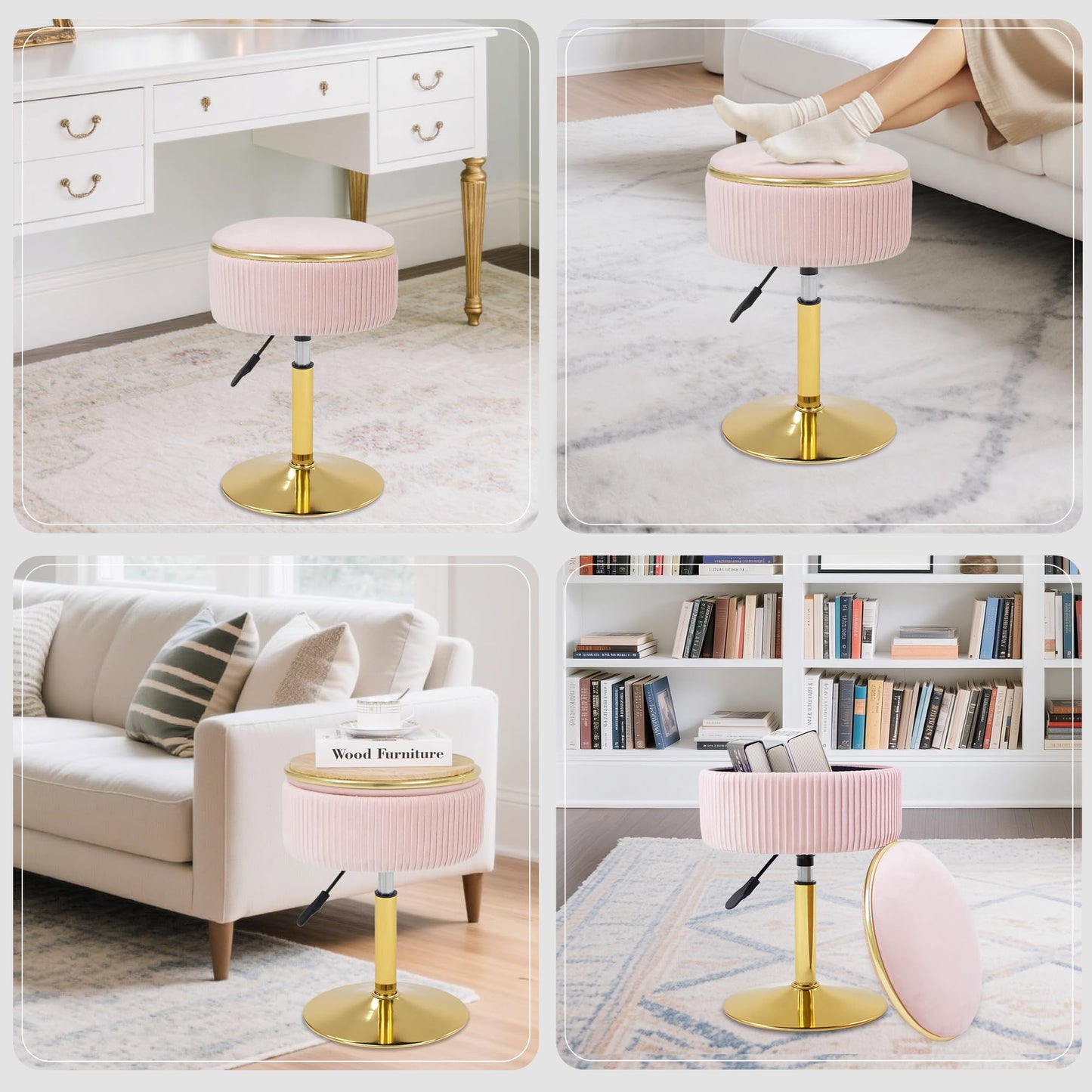 MRITWAII Adjustable Vanity Stool with Storage, 360° Swivel Makeup Stool Chair Small Velvet Round Ottoman with Gold Base for Bedroom, Pink