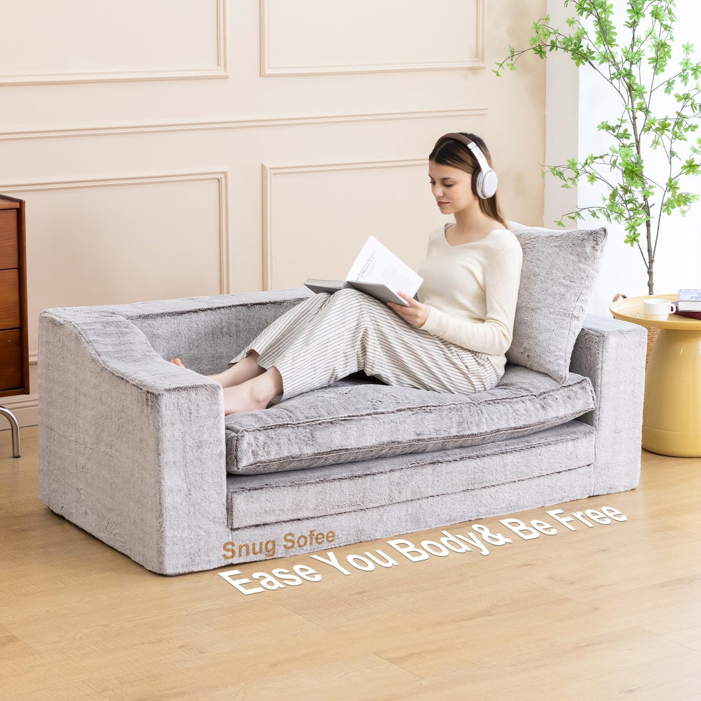 61" Convertible Sofa Bed Loveseat, Memory Foam Boneless Floor Couch with Removable Faux Fur Cover, Tri-folding Compact Full-size Sleeper for Small Living Room, Playroom, Guest Room, RV (White-Coffee)