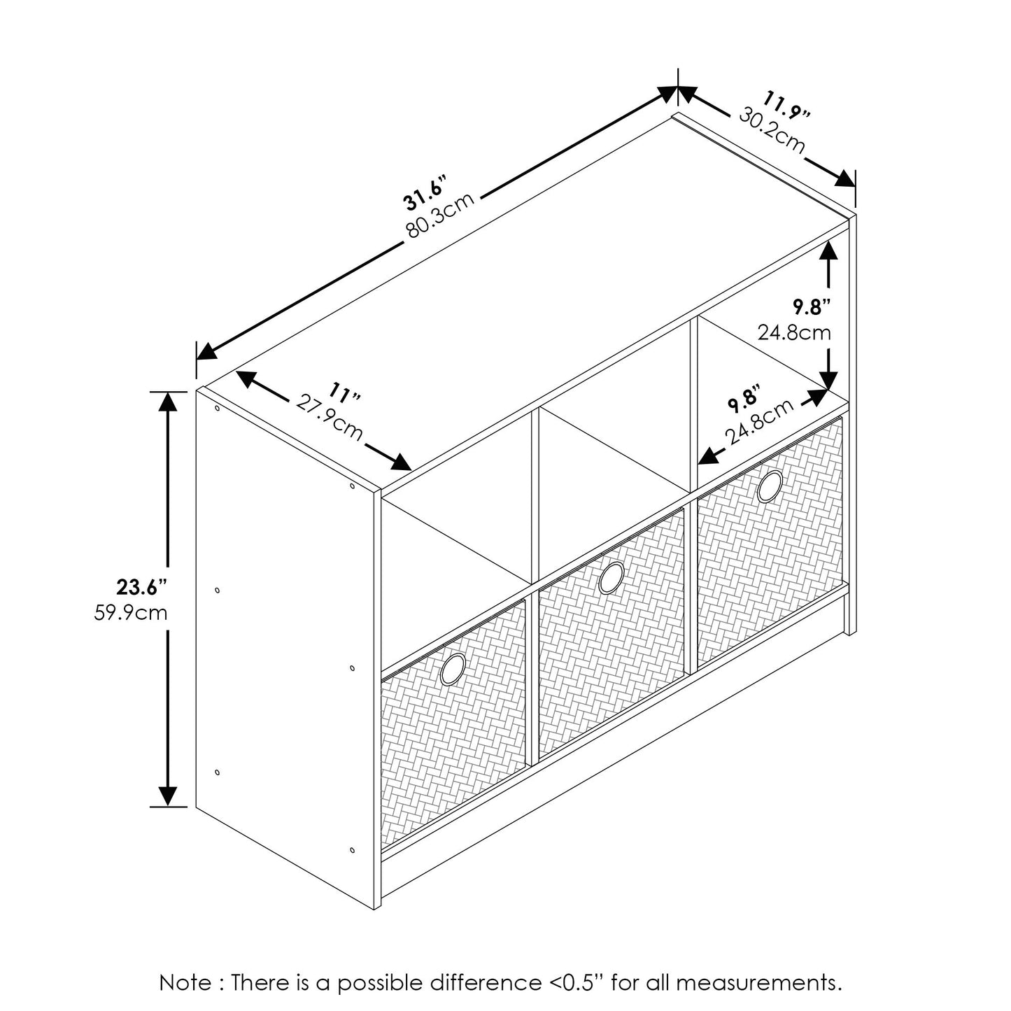 Furinno BASIC Book Shelf, 6-Cube Bookshelf with Open Shelf, 3 x 2 Bookcase with Storage Bins, Closed Back, Horizontal, 11.9 x 31.6 x 23.6, for Living Room, Bedroom, Home Office, Dark Walnut