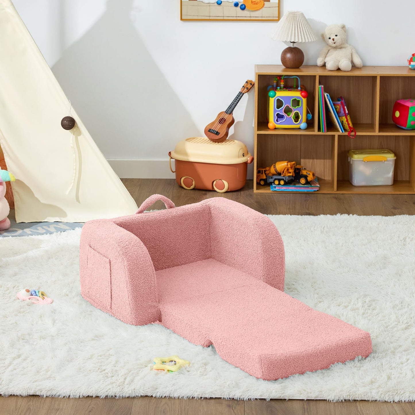 MuaMelop Toddler Couch, 2-in-1 Toddler Chairs Comfy 1-3 Years Old, Toddler Chair for Girls and Boys, Kids Couch Bed Fold Out, Convertible Baby Sofa to Lounge Chair for Playing, Reading, Napping, Pink