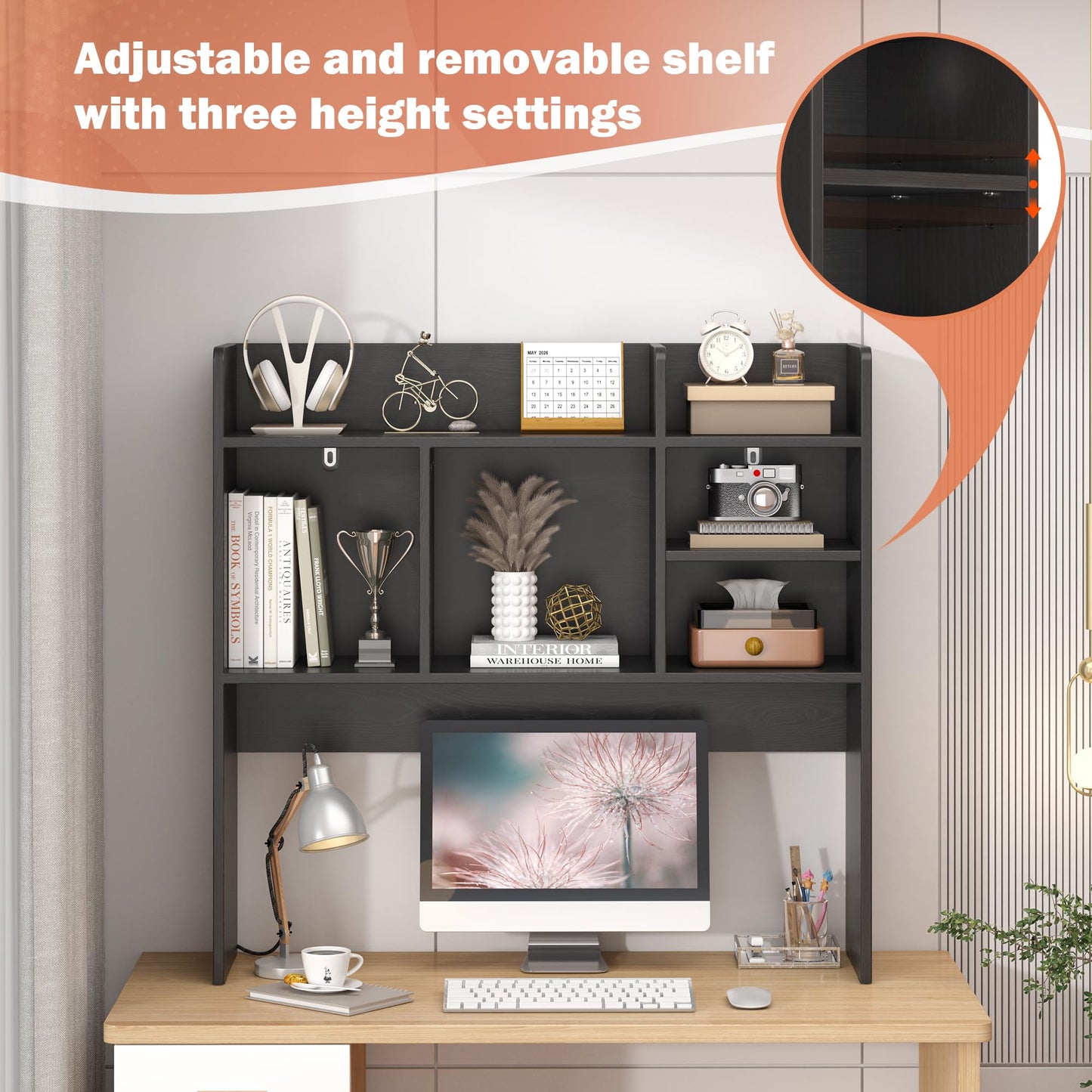 FUNHUKSON Desk Hutch with 6 Shelves, Desktop Bookshelf Organizer & Hutch Top for Desk, Over Desk Storage Shelf for Office, Home, Dorm | Space-Saving Design (Black)