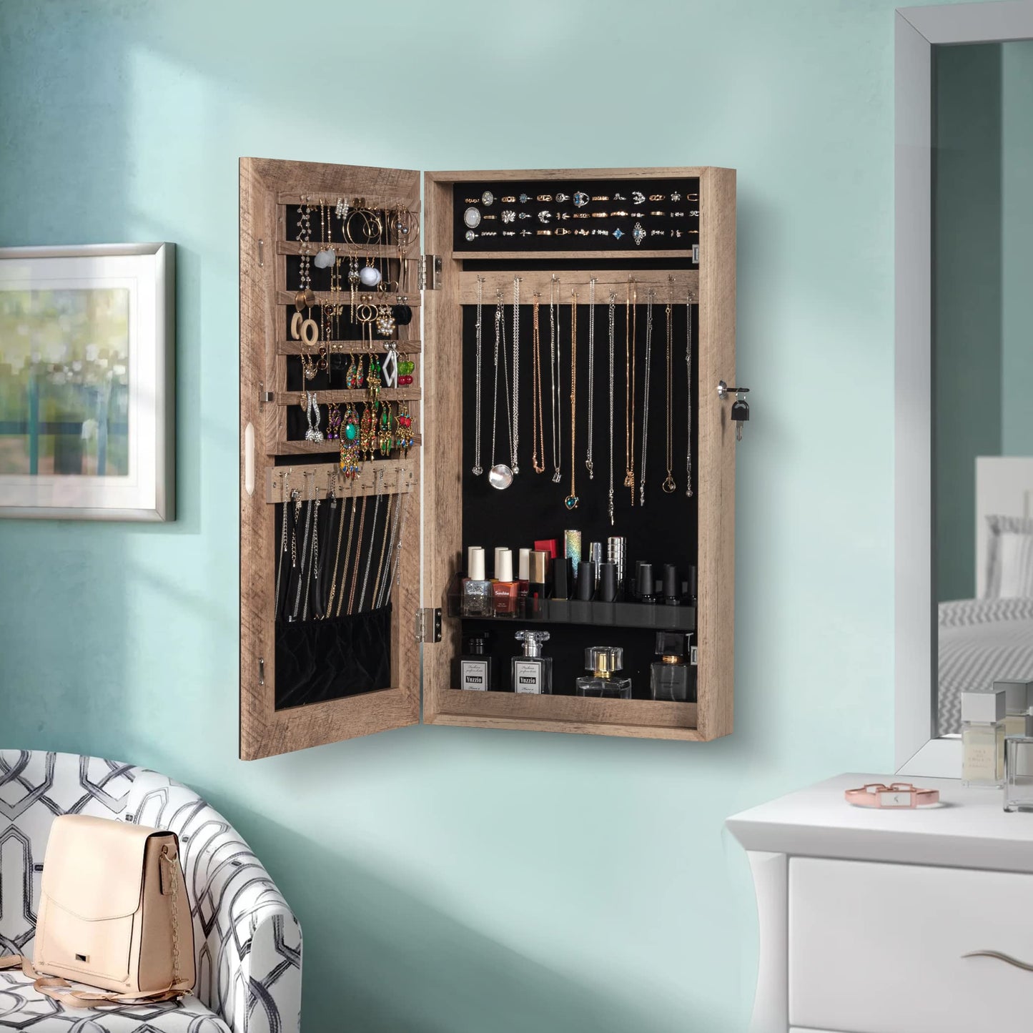 LAVIEVERT Lockable Jewelry Cabinet Armoire with Frameless Mirror, Wall/Door Mounted Space Saving Jewelry Display Organizer with Lipstick Compartments - Wood Grain
