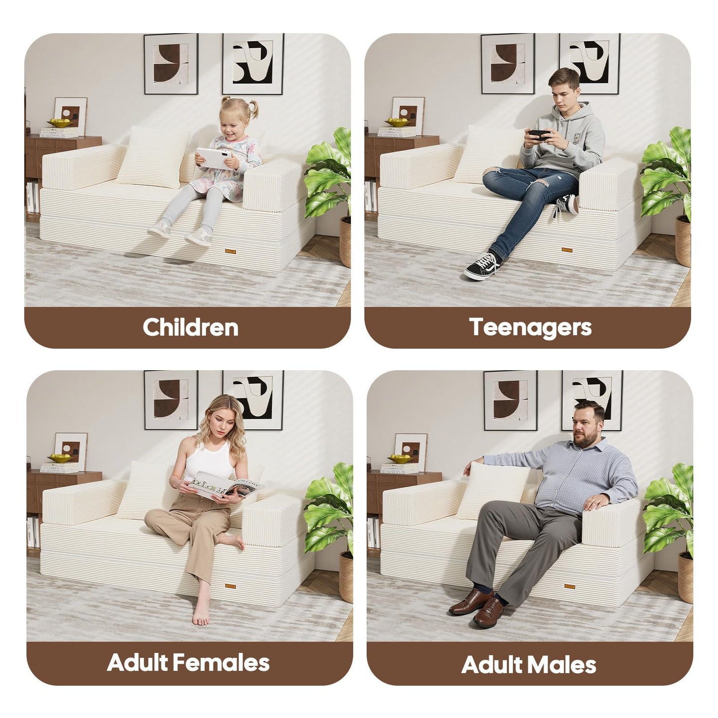 COMAX Futon Sofa Bed, 4‑in‑1 Convertible Sofa Bed, Folding Boneless Couches for Living Room, Fold Out Small Foldable Loveseat Floor Sleeper Comfy Mattress Lounge Space‑Saving, Beige