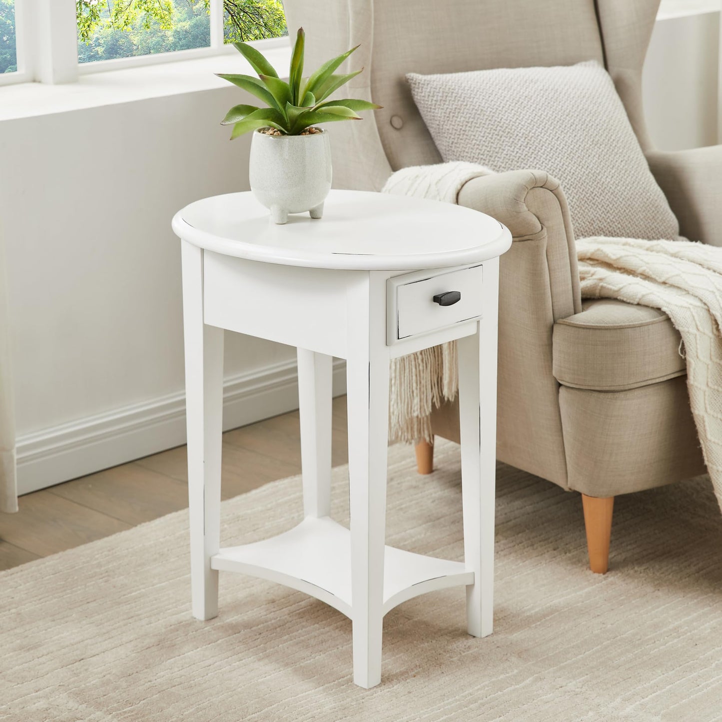 Leick Home Haven Ridge Oval End Table, One Drawer Side Table, Farmhouse White, 214387