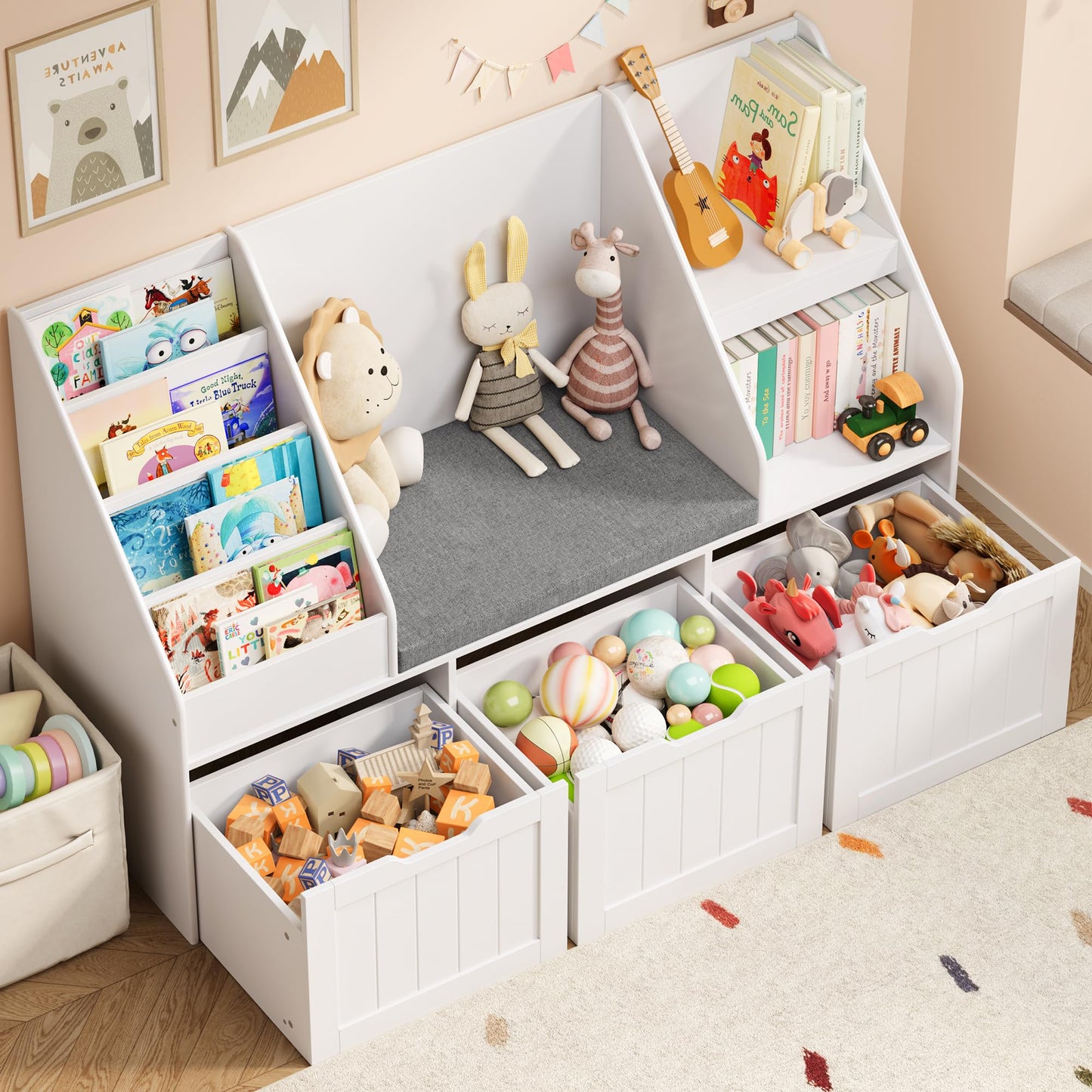 Gizoon Kids Toy Storage Organizer with Reading Nook, Kids Bookshelf with 3 Movable Drawers, Kids Reading Nook with Bench for Kidsroom Playroom and Bedroom, White, Painted