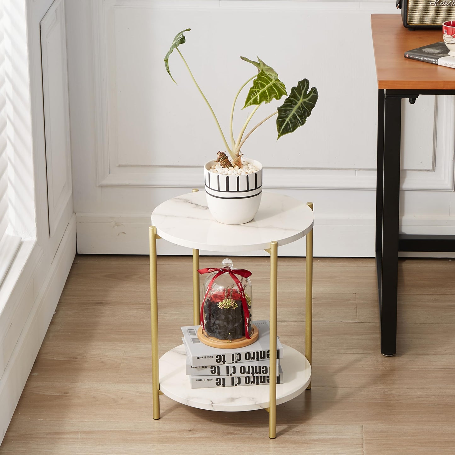 Gawicpy 2 Tier Round Side Table, Folding End Tables Coffee Table Simplistic Sofa Table Waterproof Removable Tray Table Indoor Outdoor Accent Table for Living Room Bedroom (Faux Marble White, 1pcs)