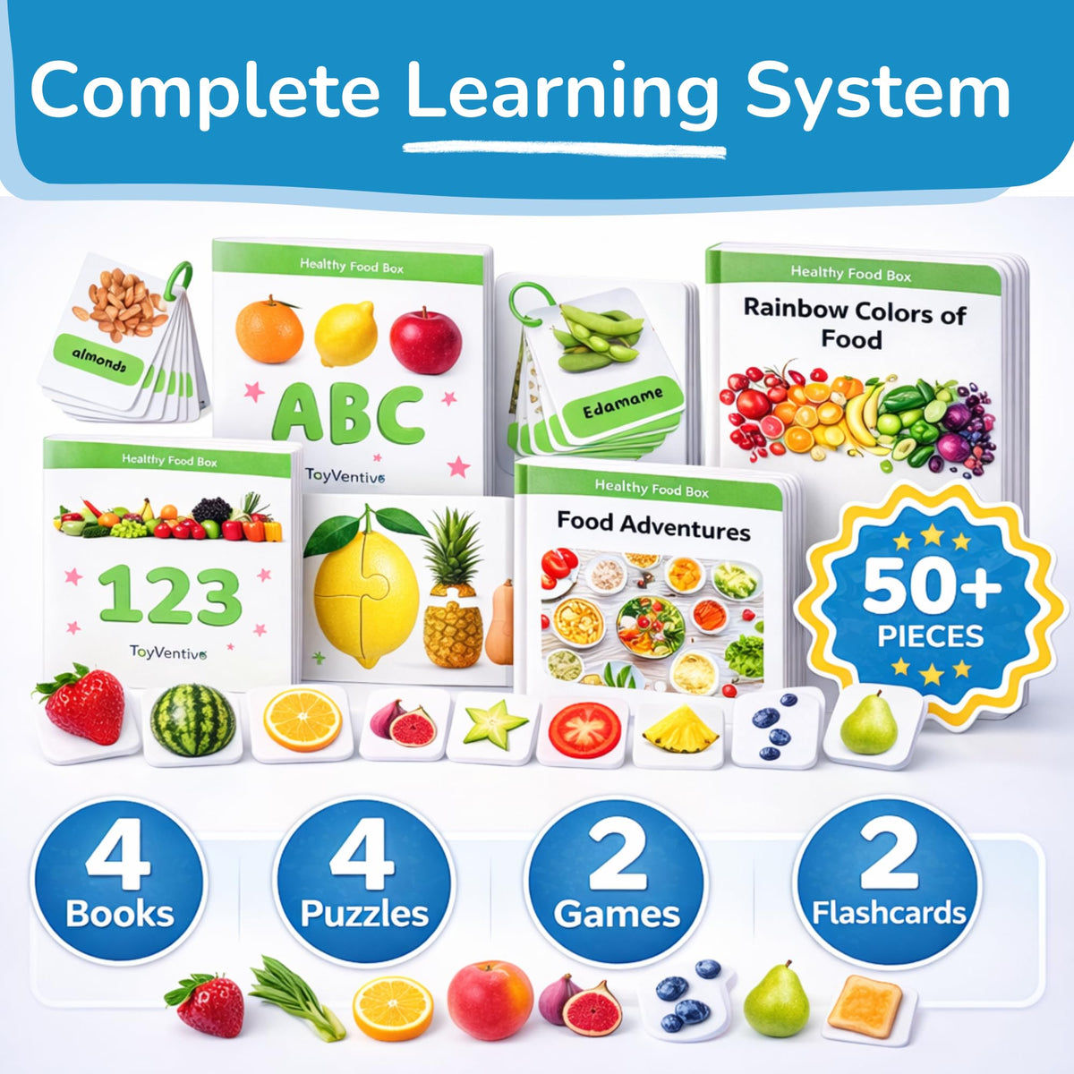 TOYVENTIVE Preschool Learning Activities – Montessori Toddler Toys with Educational Flashcards, Matching Games and Food-Themed Activity Cards for Early Skills, Visual Recognition – Ages 1 & 2