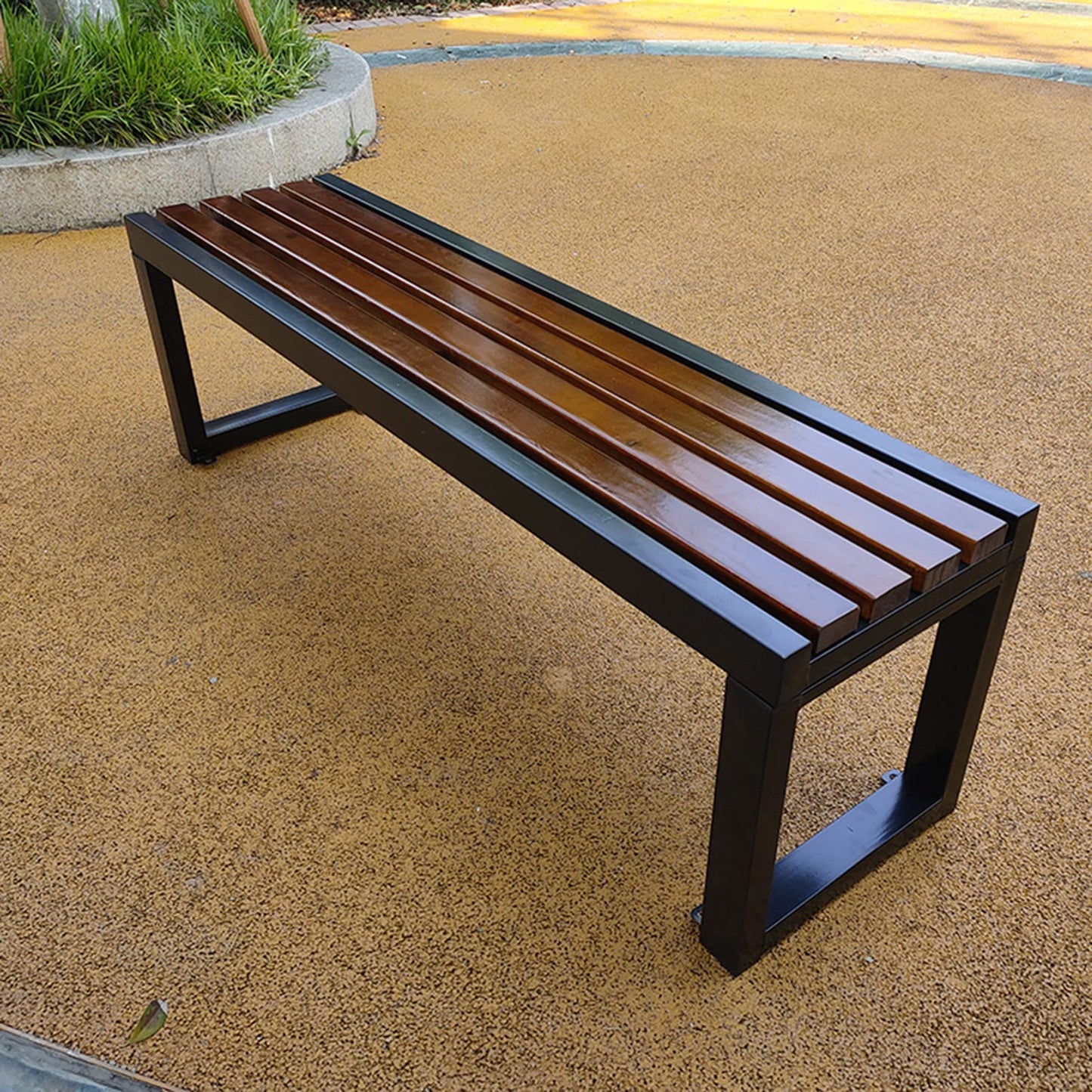 Outdoor Wooden Backless Garden Bench Park Slatted Seats Patio Loveseat Metal Frame Chair - 2-3 Person Seat, Lawn Front Porch Path Yard Decor Deck Furniture for Hospital/School/Plaza