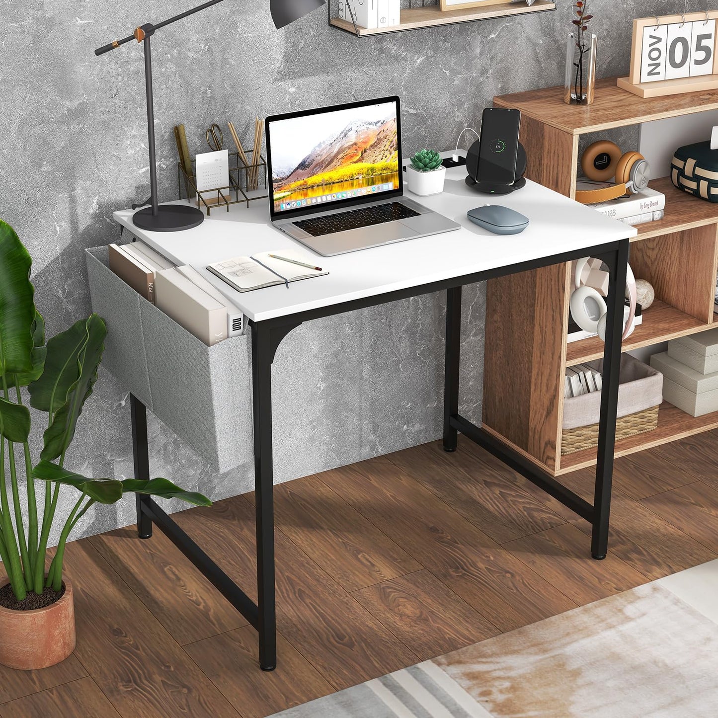 Giantex 32 Inch Computer Desk with Charging Station, Home Office Writing Desk with Storage Bag & Headphone Hook, Compact Gaming Table PC Workstation, Modern Simple Laptop Desk for Bedroom, Study