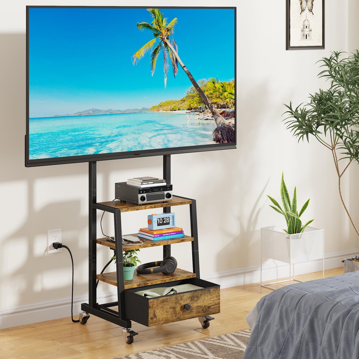 Rolling TV Stand with Wheels and Mount & Fabric Drawer - Entertainment Center with Power Outlet and Small TV Stand for Bedroom, Living Room - 15" Rustic Brown